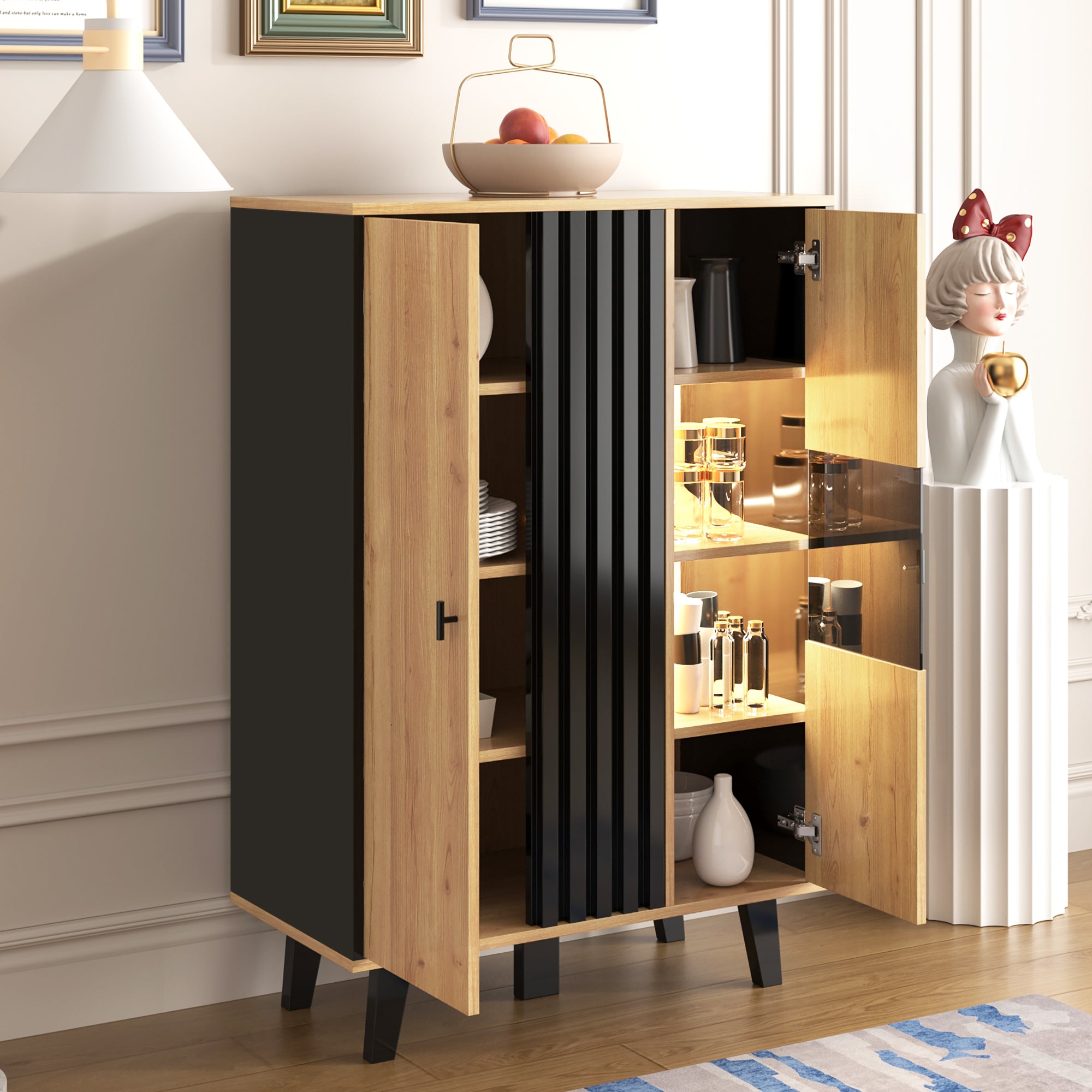 Sideboard, Display Cabinet with Glass and LED Lighting, Black and Wood