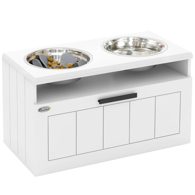 Raised Dog Bowl with Slow Feeder, Two Stainless Steel Bowls, Drawer, White