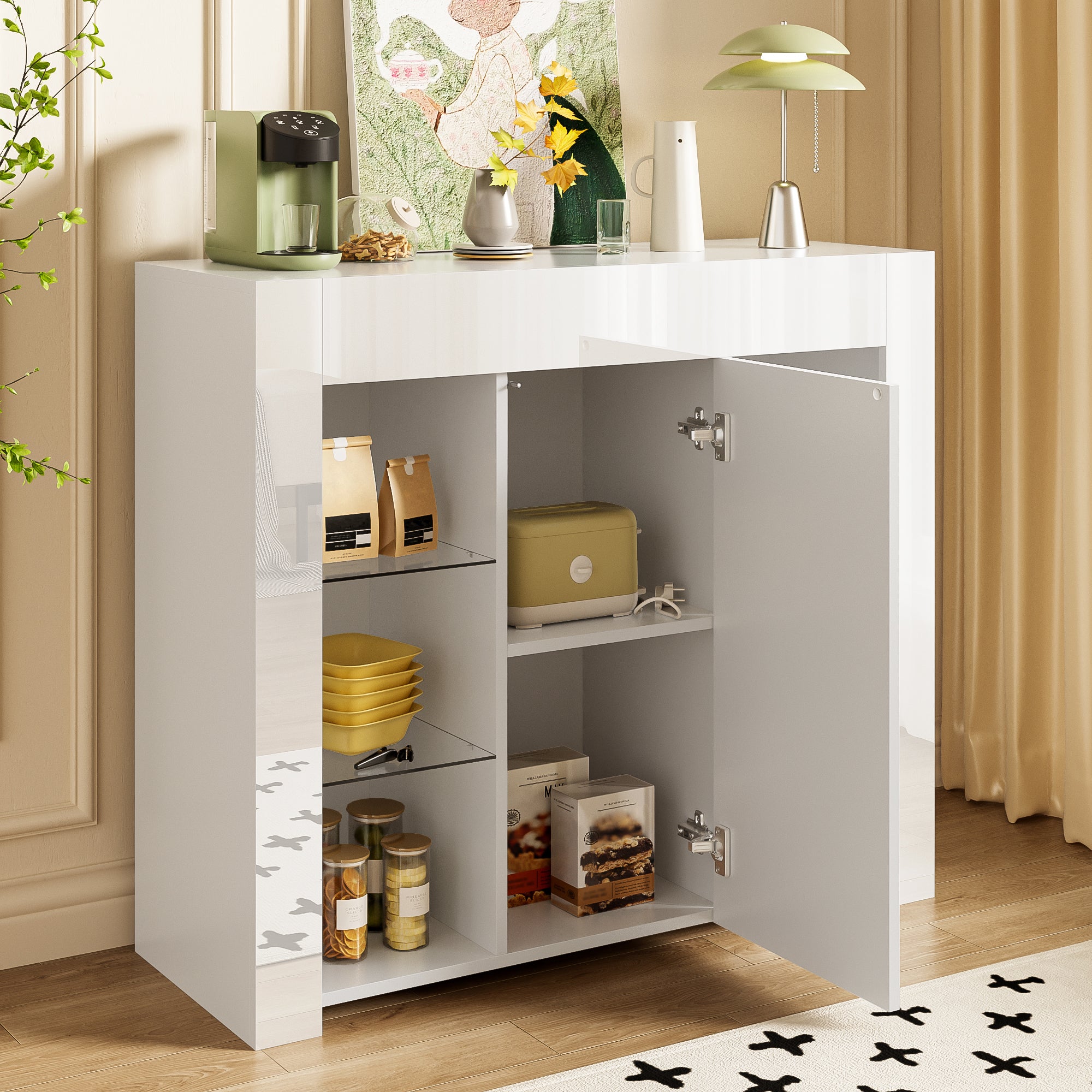 Modern Buffet with Glass Shelves & Cabinet Door, White