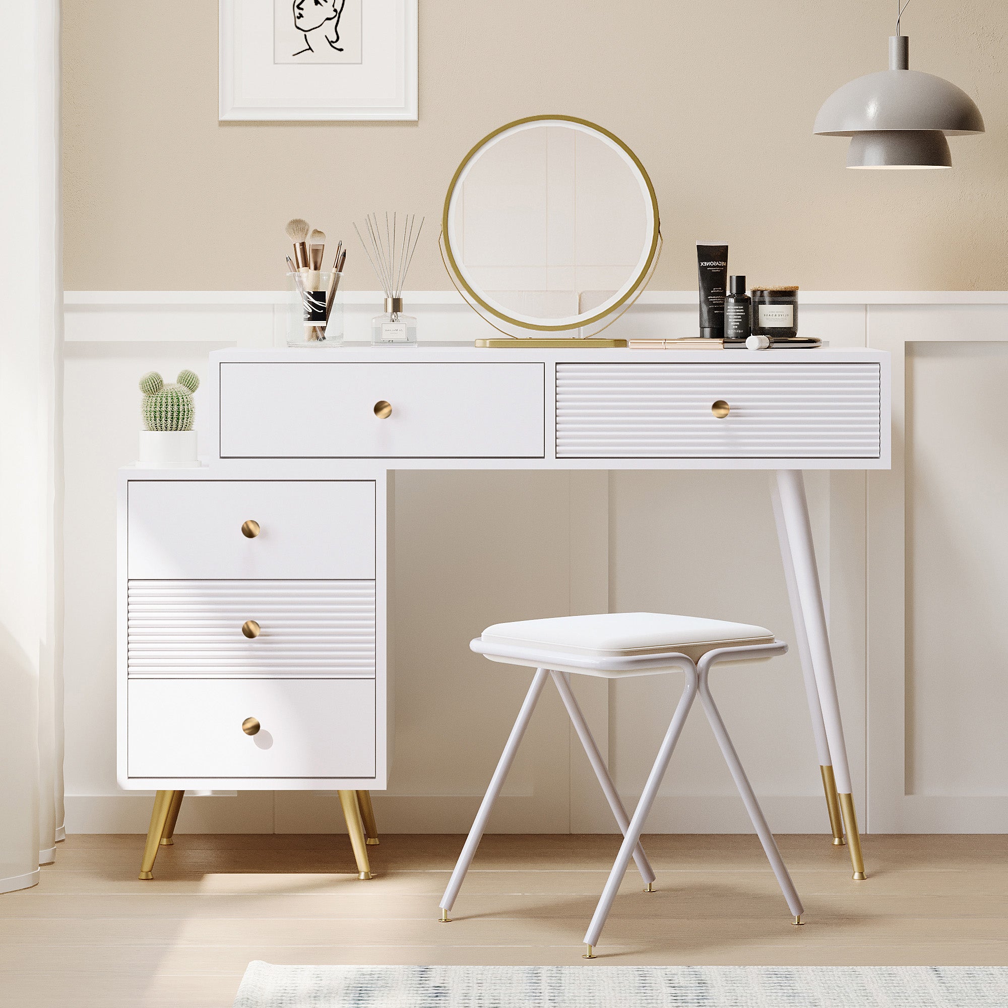 Vanity Table Set LED Mirror Adjustable Side Cabinet Pull-out Design