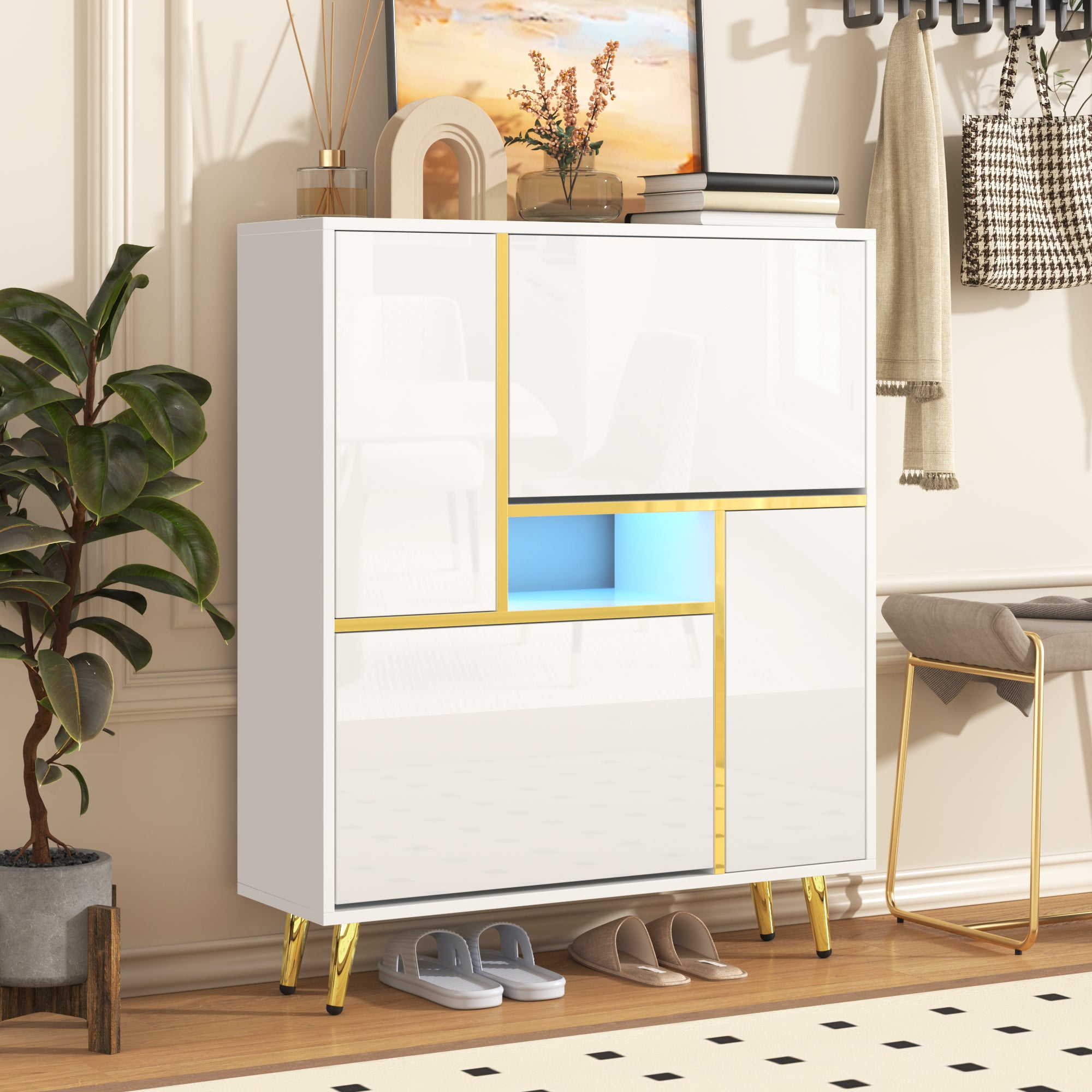 Modern Shoe Cabinet with 16-Color LED Light, White High-Gloss