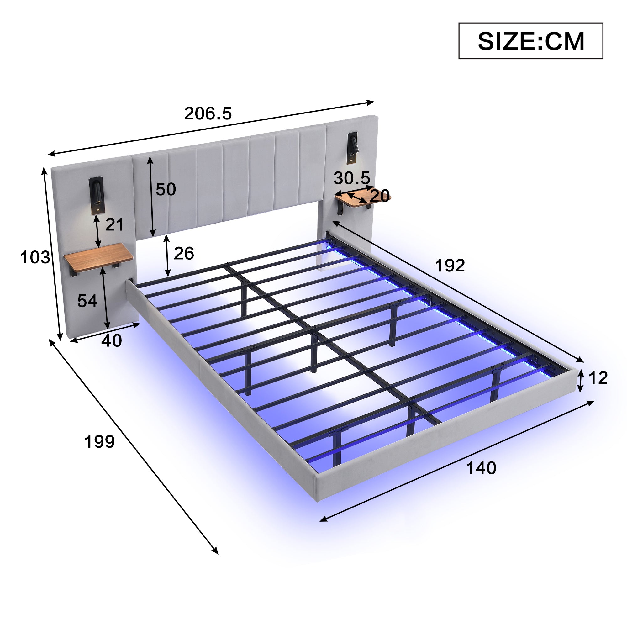 Upholstered Bed with Lamps, Charging Socket, Storage, and Light Strip, Velvet+Iron Grey