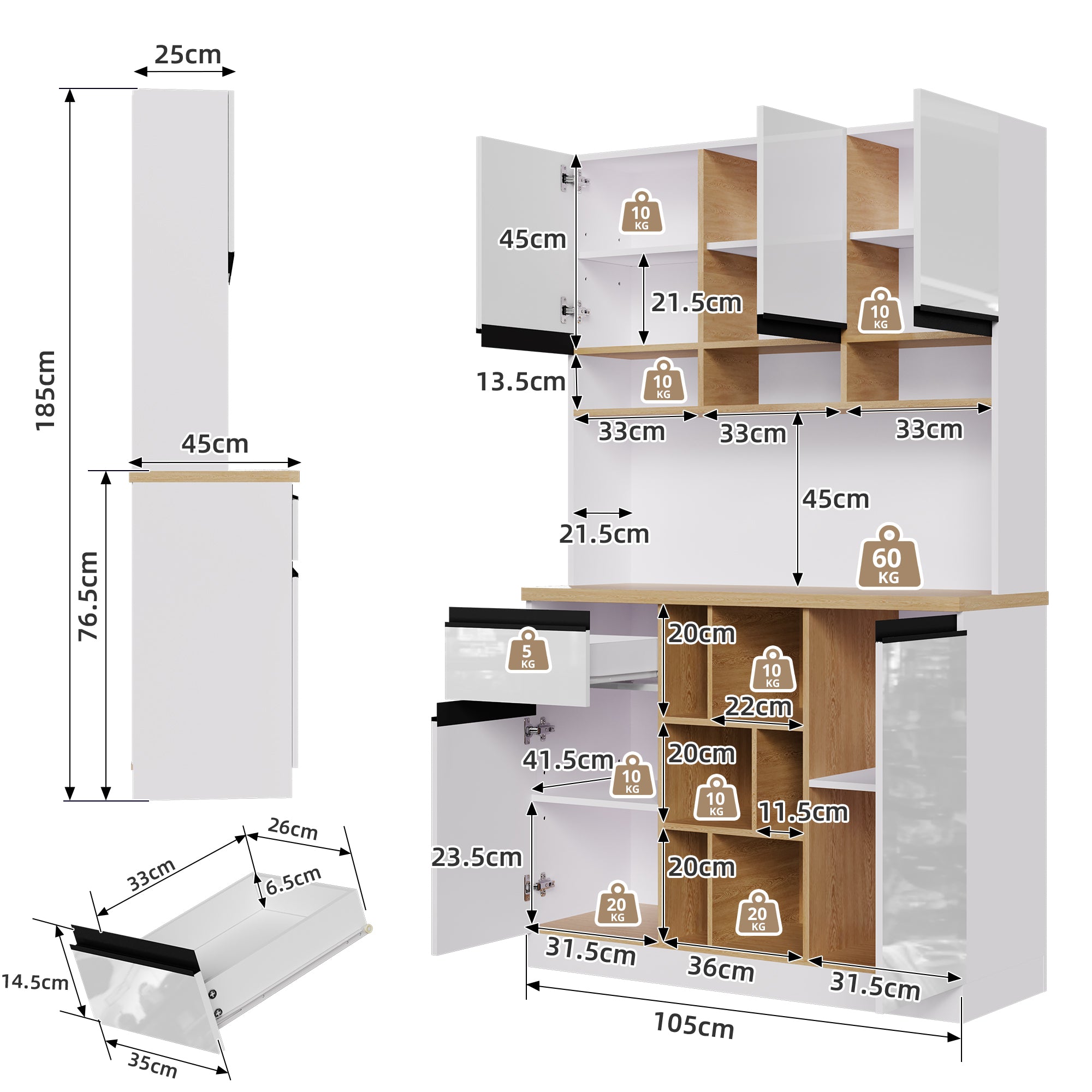 Modern Kitchen Cabinet with Drawers Adjustable Shelves Open Storage - White