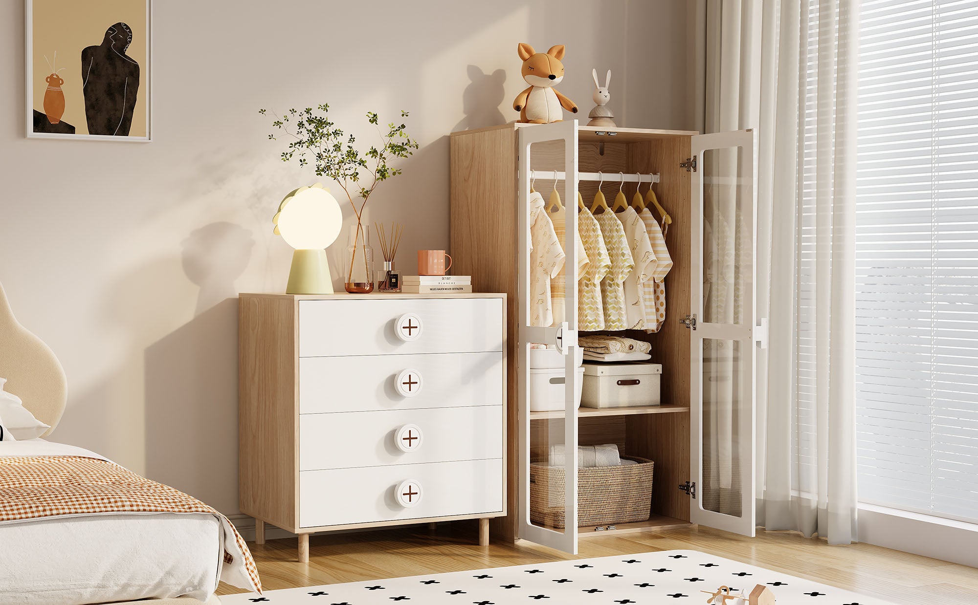 Nightstand/Chest of Drawers 4-Drawer Storage Cabinet Lacquered Panel White