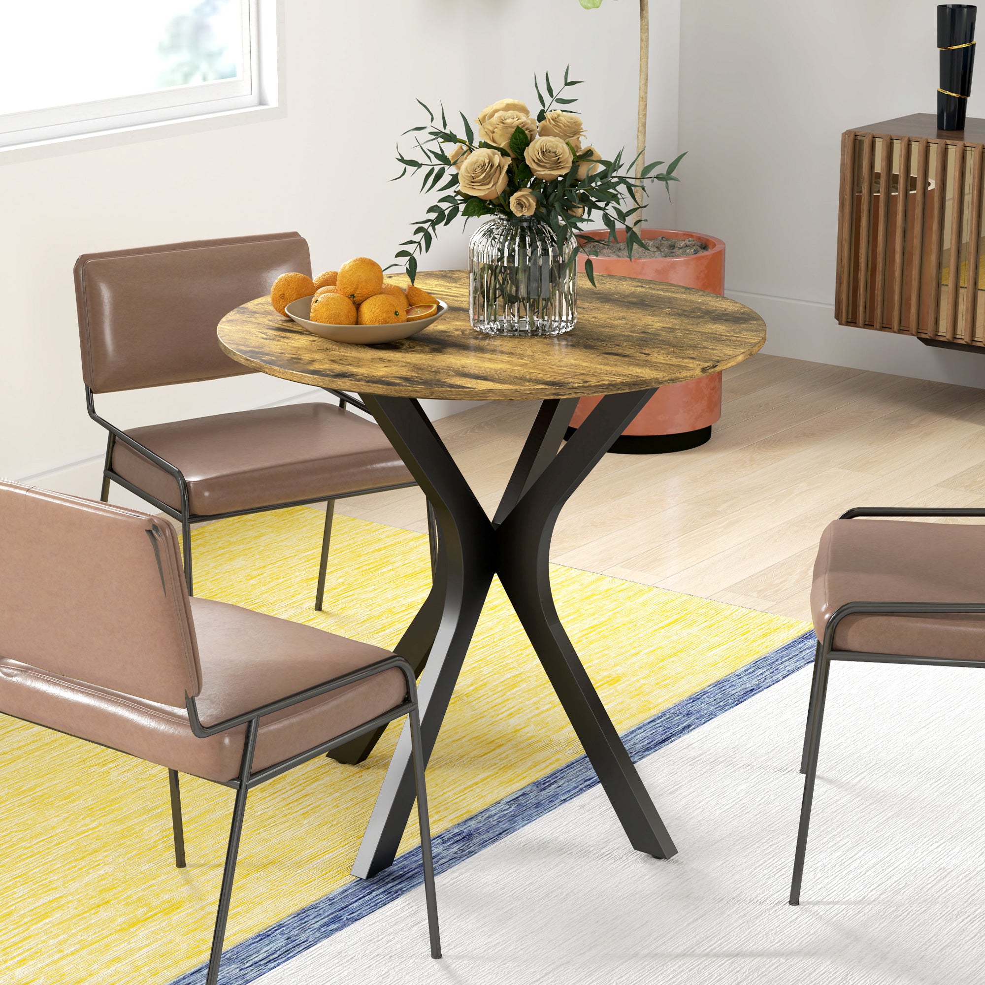 Dining Table Round 2-Person Bar Table, Spider Steel Frame, Rustic Brown