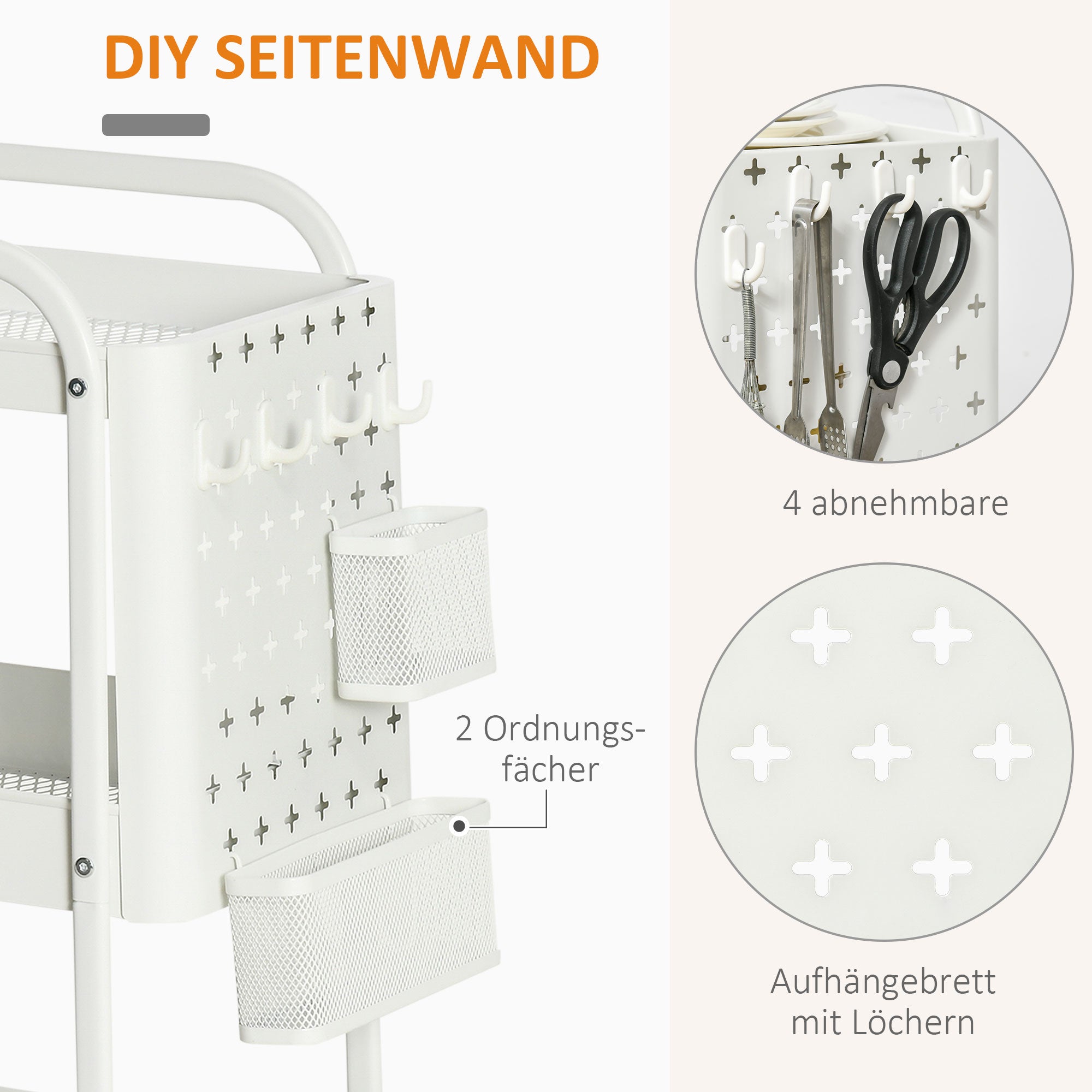 Rolling Cart, 3-Tier Kitchen Shelf with Wheels, Steel White