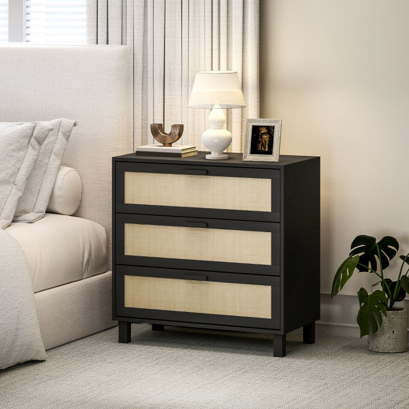 Rattan Chest of Drawers, 3 Drawer Boho Storage Unit, Black