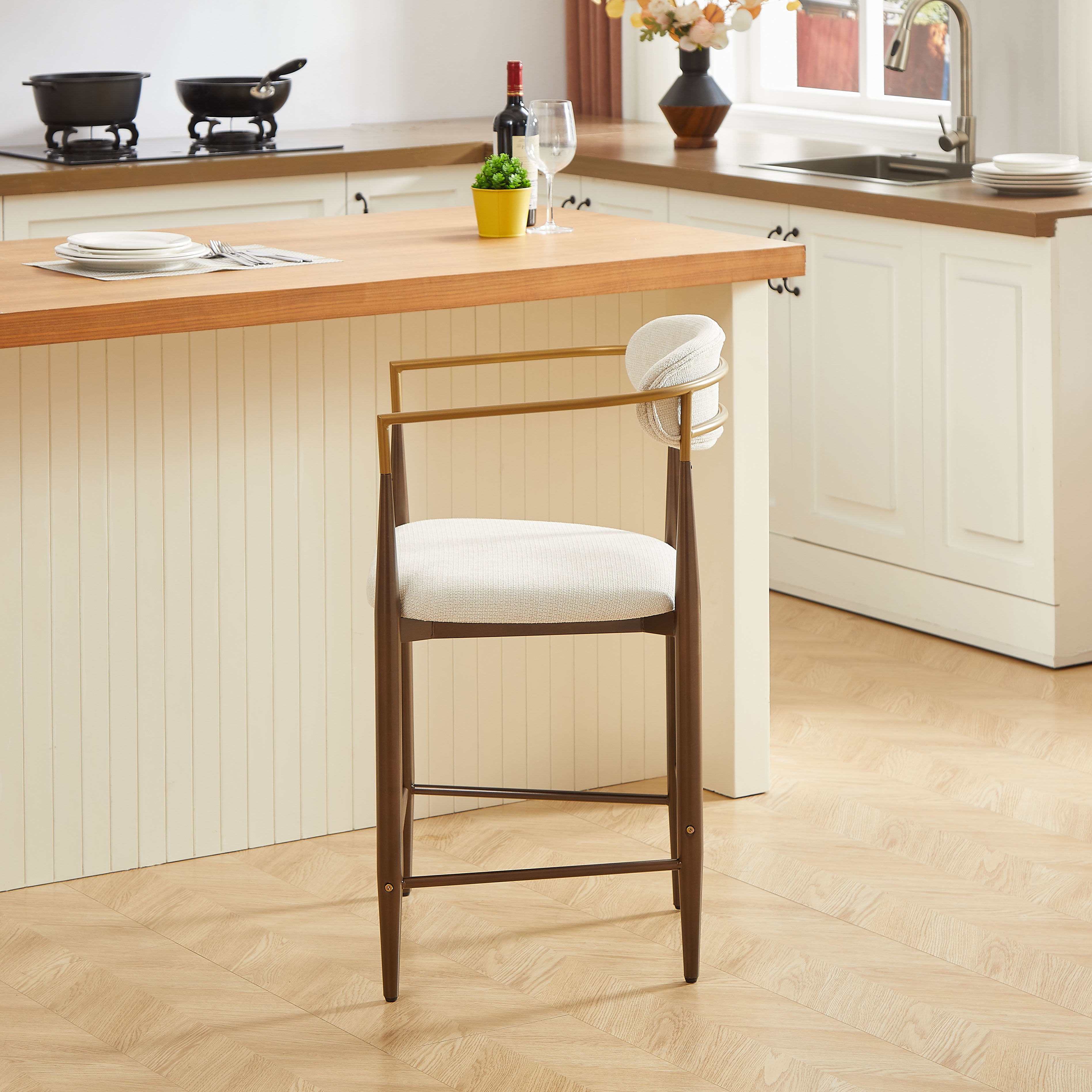 2 Bar Stools French Country Style Armrests - Cream Fabric