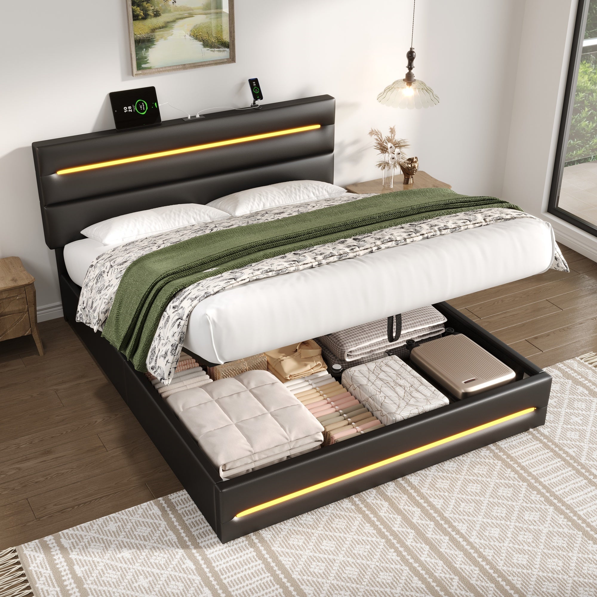 5ft King Upholstered Bed Frame with Hydraulic Storage, LED Lighting and Charging Station, Black PU