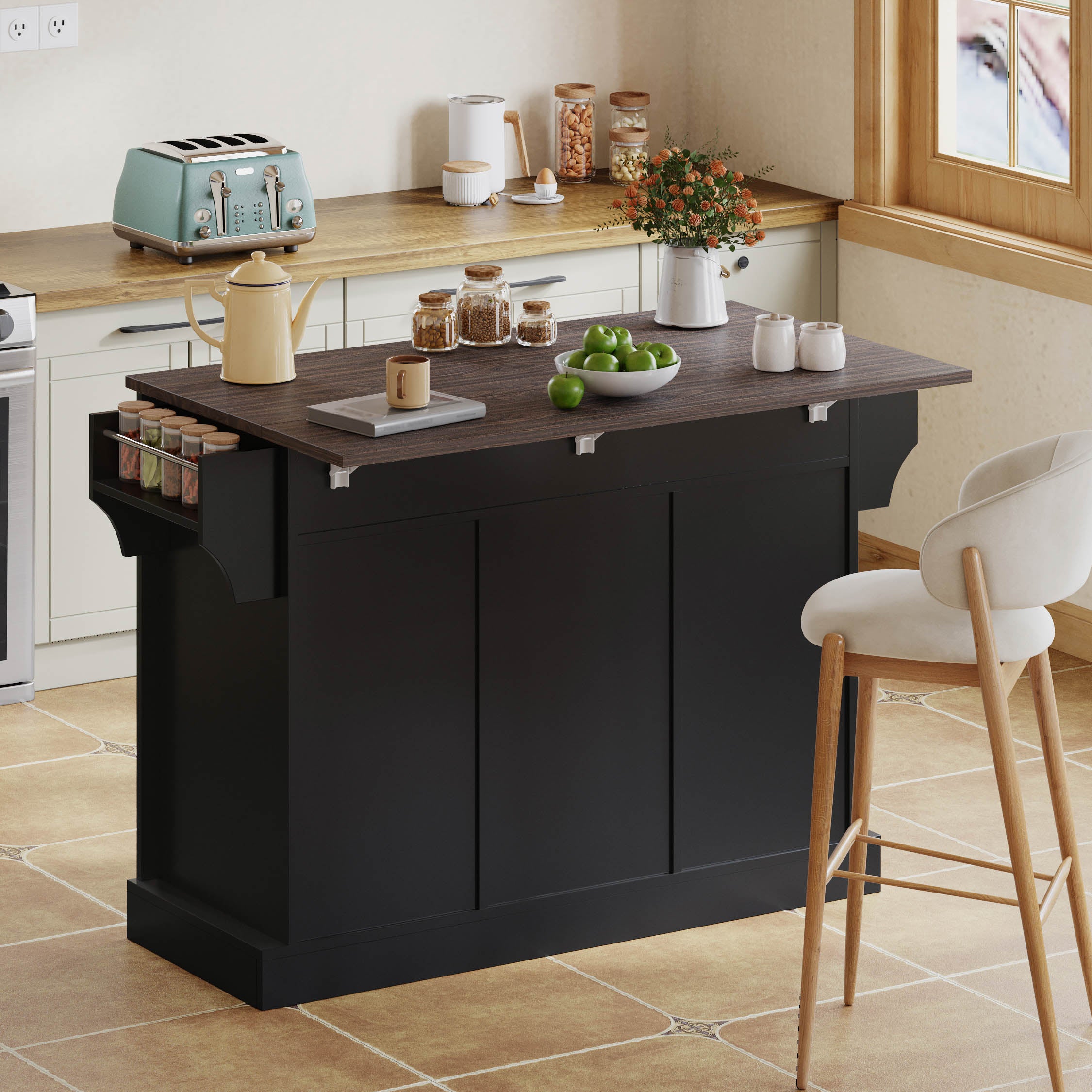 Kitchen Island with Fold-Down Worktop and Sliding Barn Doors, Black