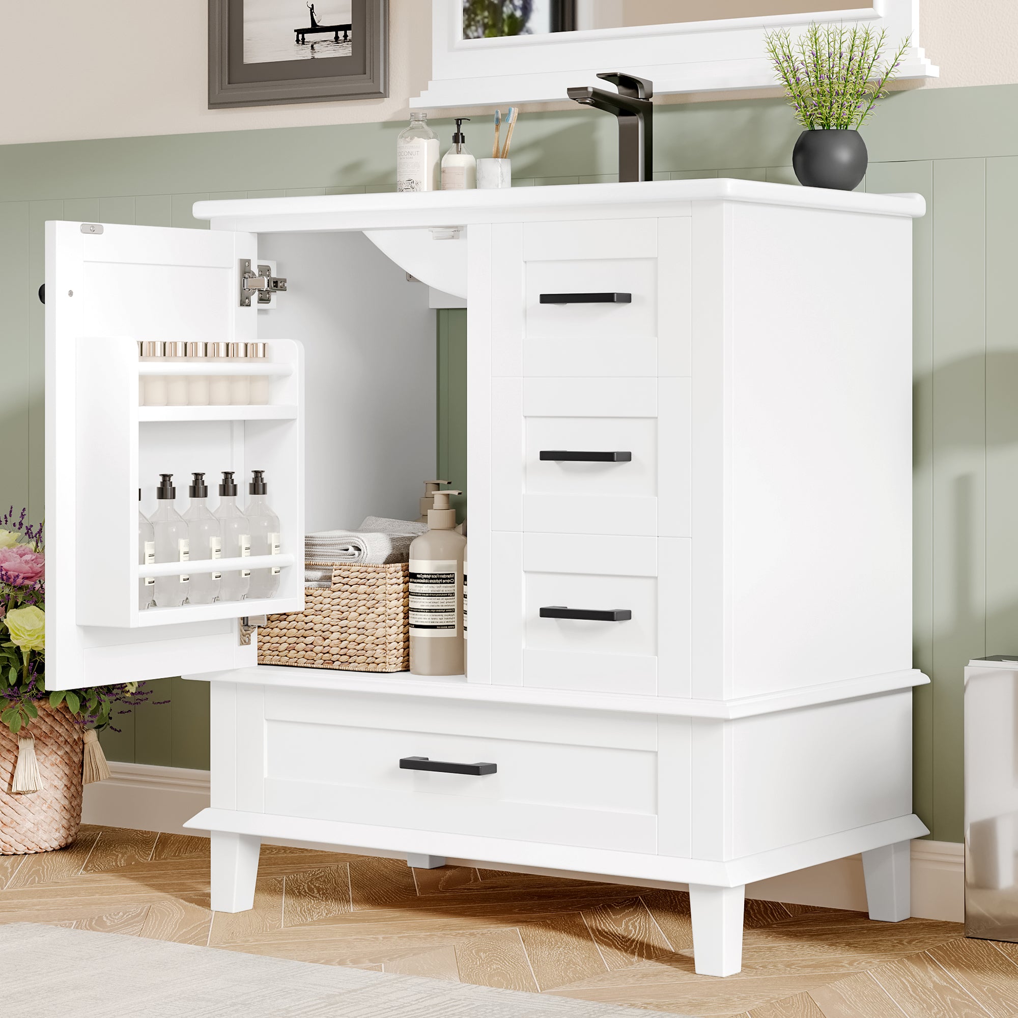 Bathroom Vanity Unit with Ceramic Sink and Three Silent Drawers, White