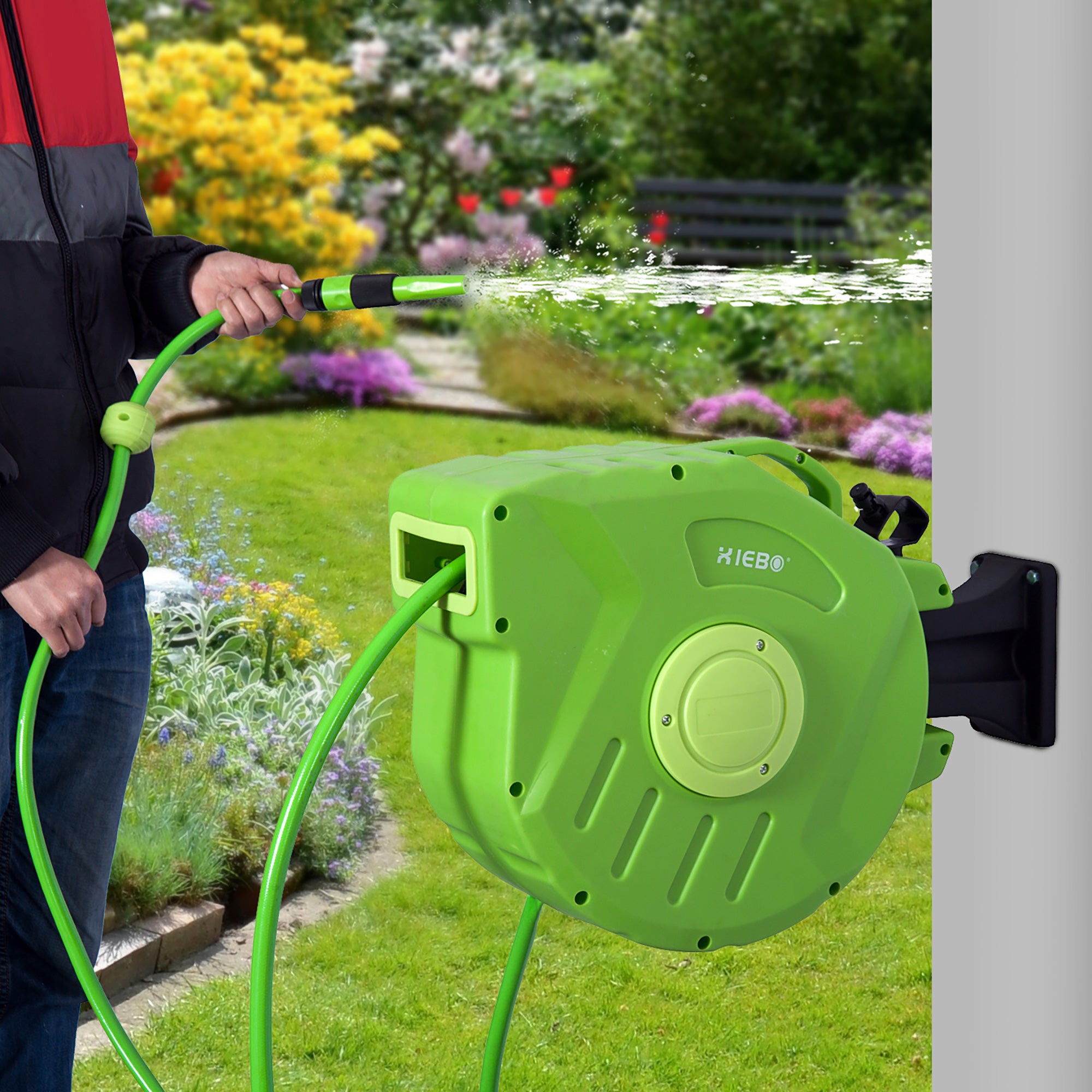 Automatic Hose Reel 15m Swivelling Compressed Air & Gardening, Green