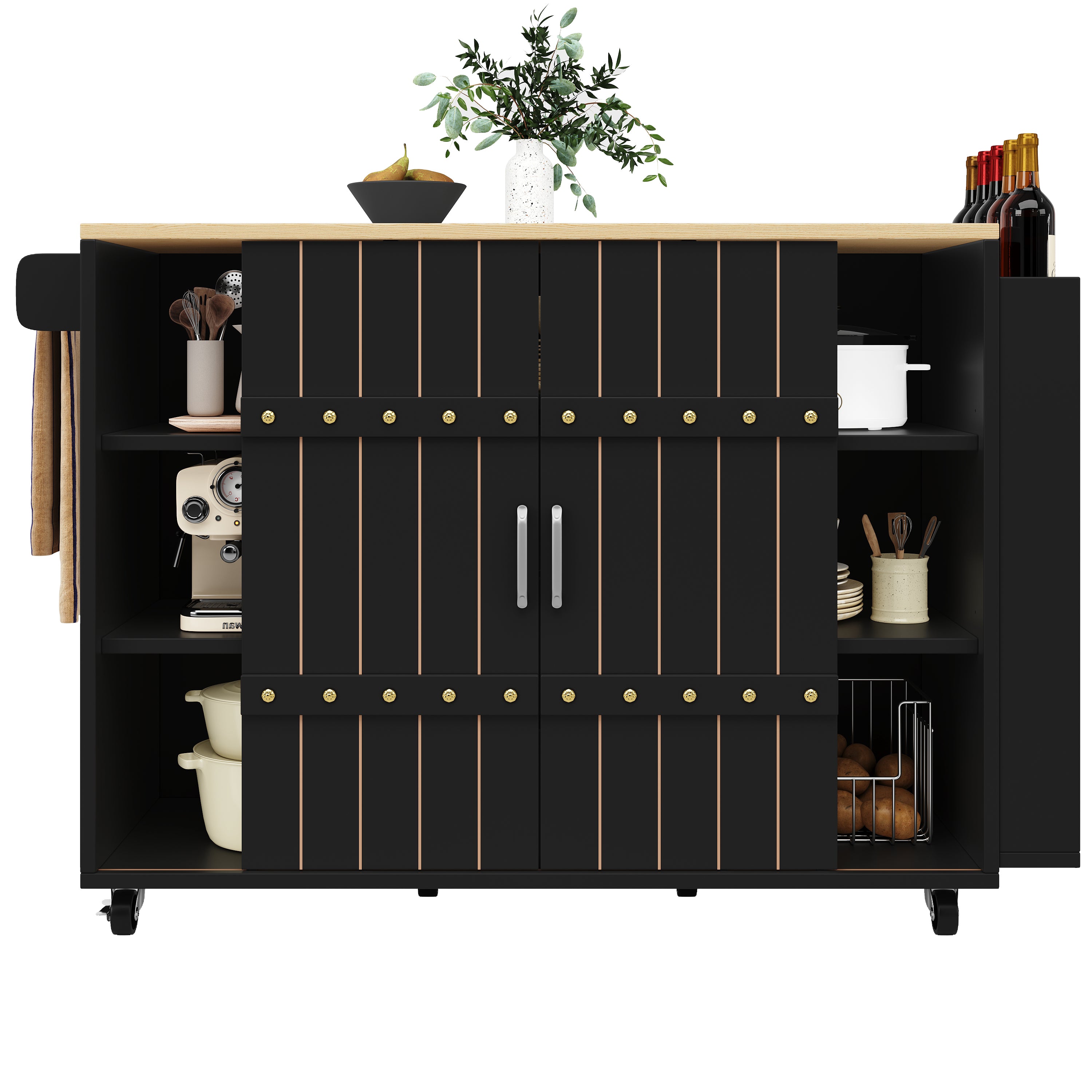 Kitchen Serving Cart Mobile Island with Worktop Sliding Doors Drawers Spice Rack Black