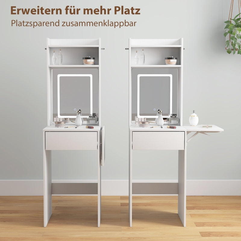 Compact Dressing Table, Mirror, LED Lighting, Folding Tabletop, Open Shelves, Drawer, White MDF
