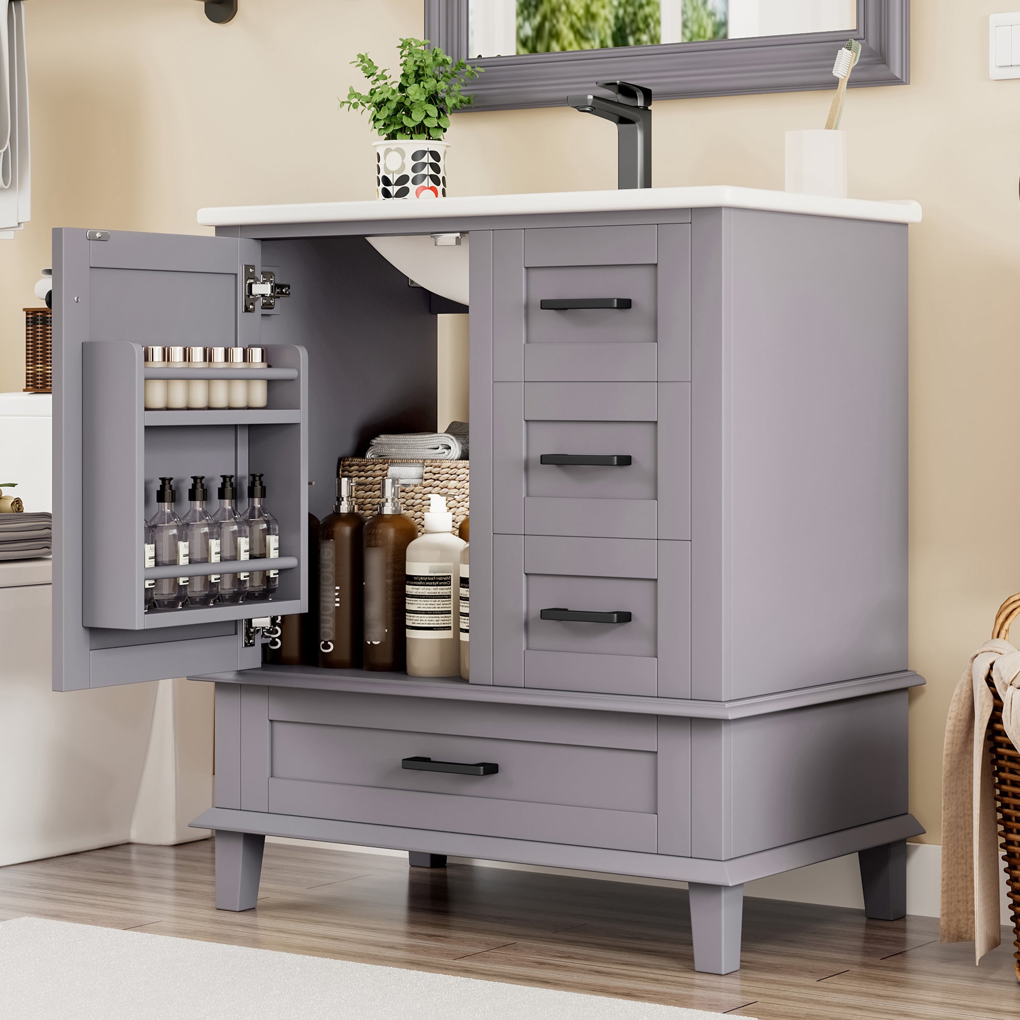 Bathroom Vanity Unit with Ceramic Sink and Silent Storage Drawers, Grey