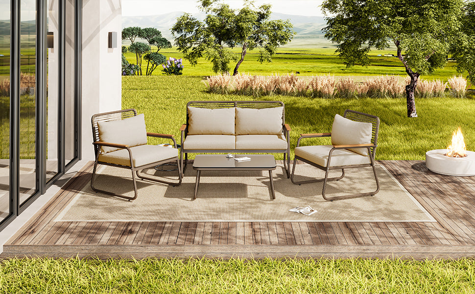 Garden Lounge Set 4 Person Sofa Table Adjustable Legs Tempered Glass - Beige