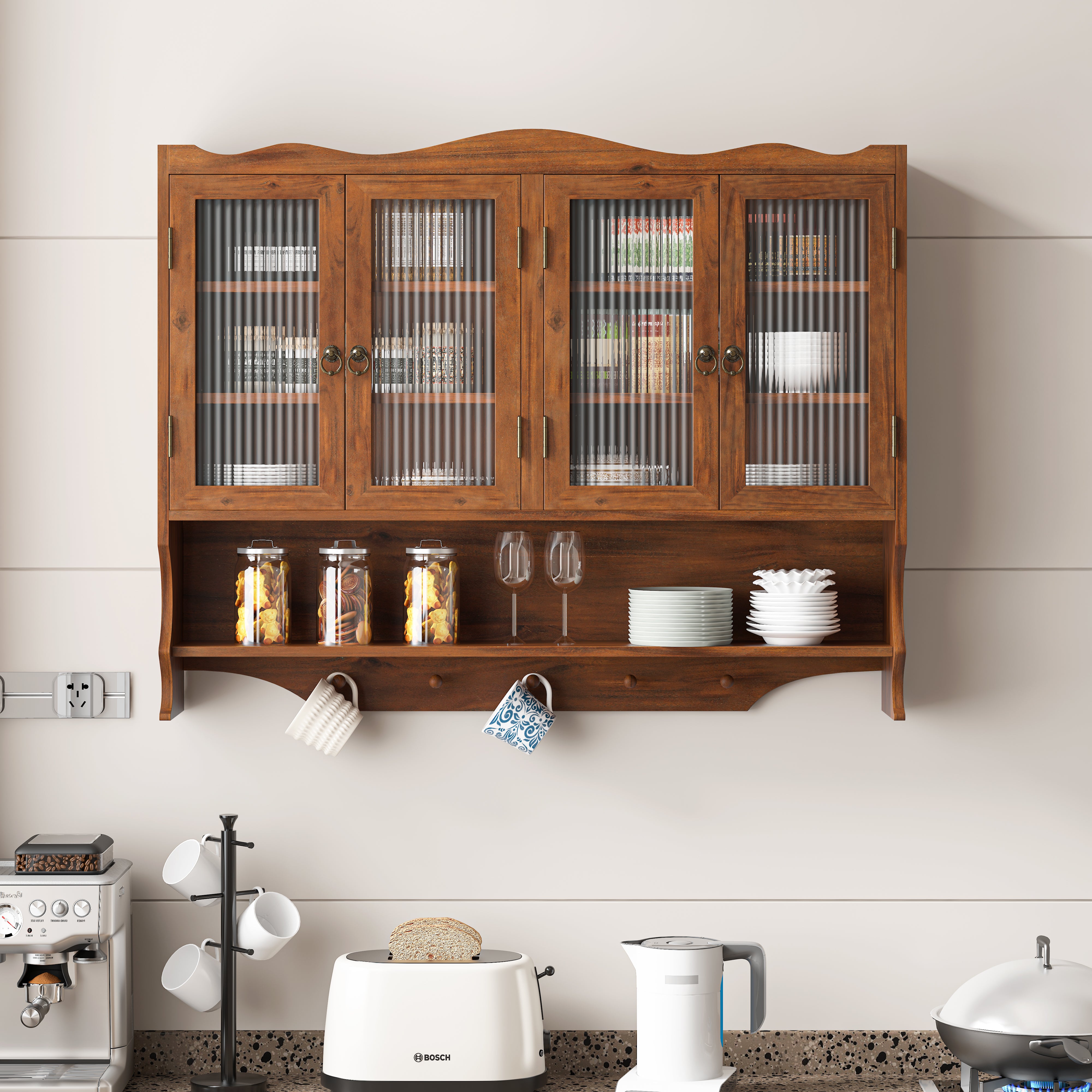 Wall-Mounted Cabinet 100CM Retro 4 Door Storage/Hook Rack Brown