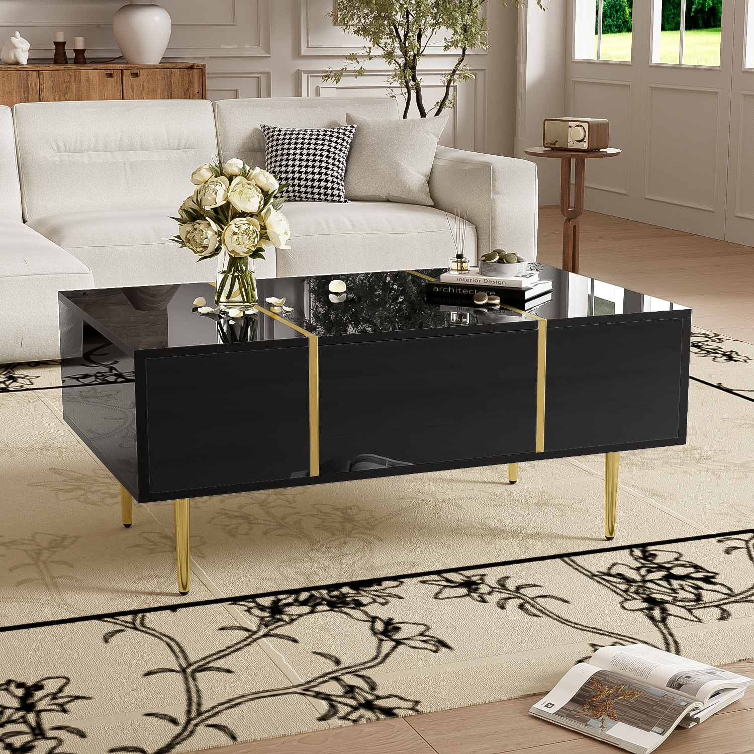 Modern Coffee Table, High Gloss with 2 Drawers, Black