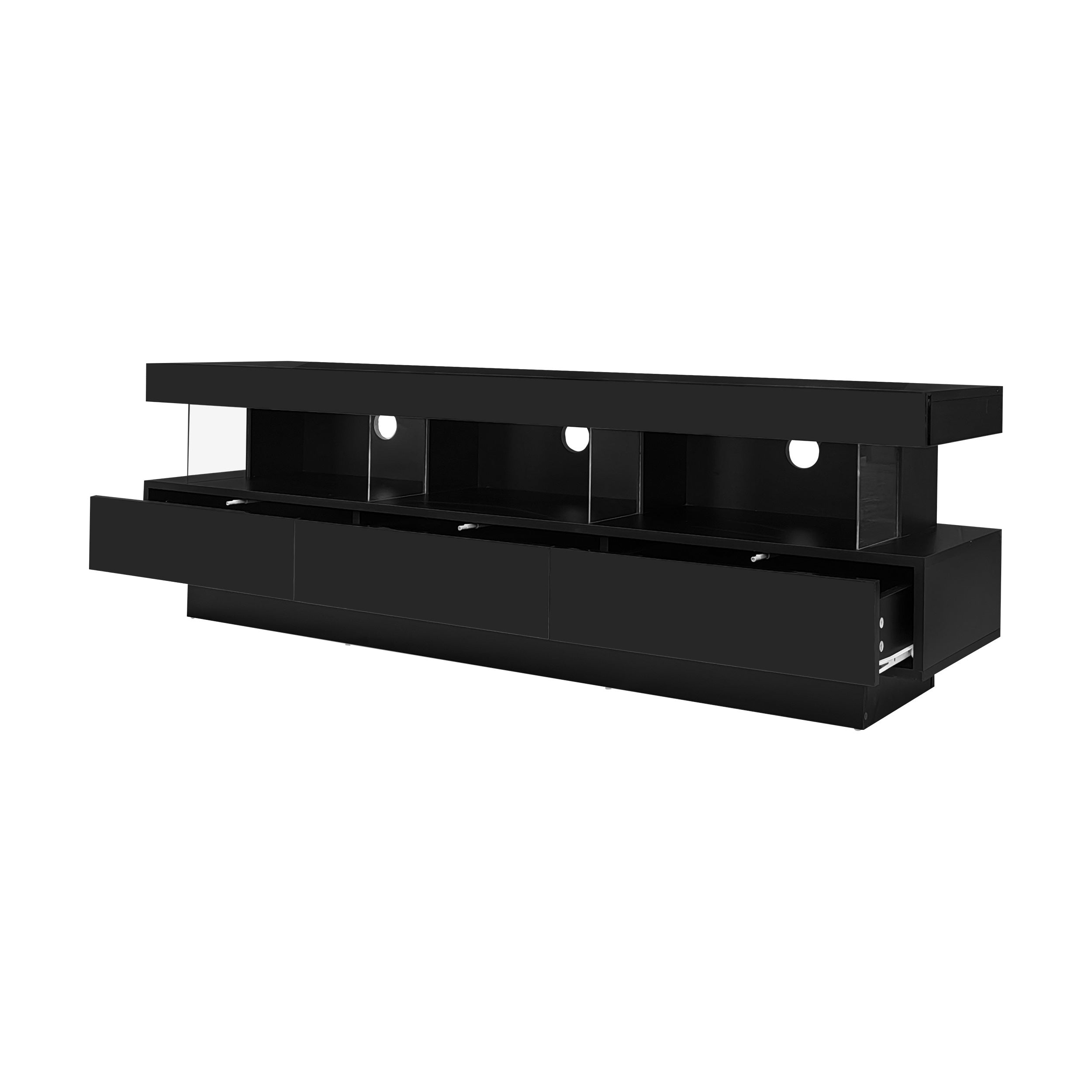 TV Stand, LED Lighting, App Control, Bluetooth Connectivity for 70-inch TVs, Black High Gloss Glass