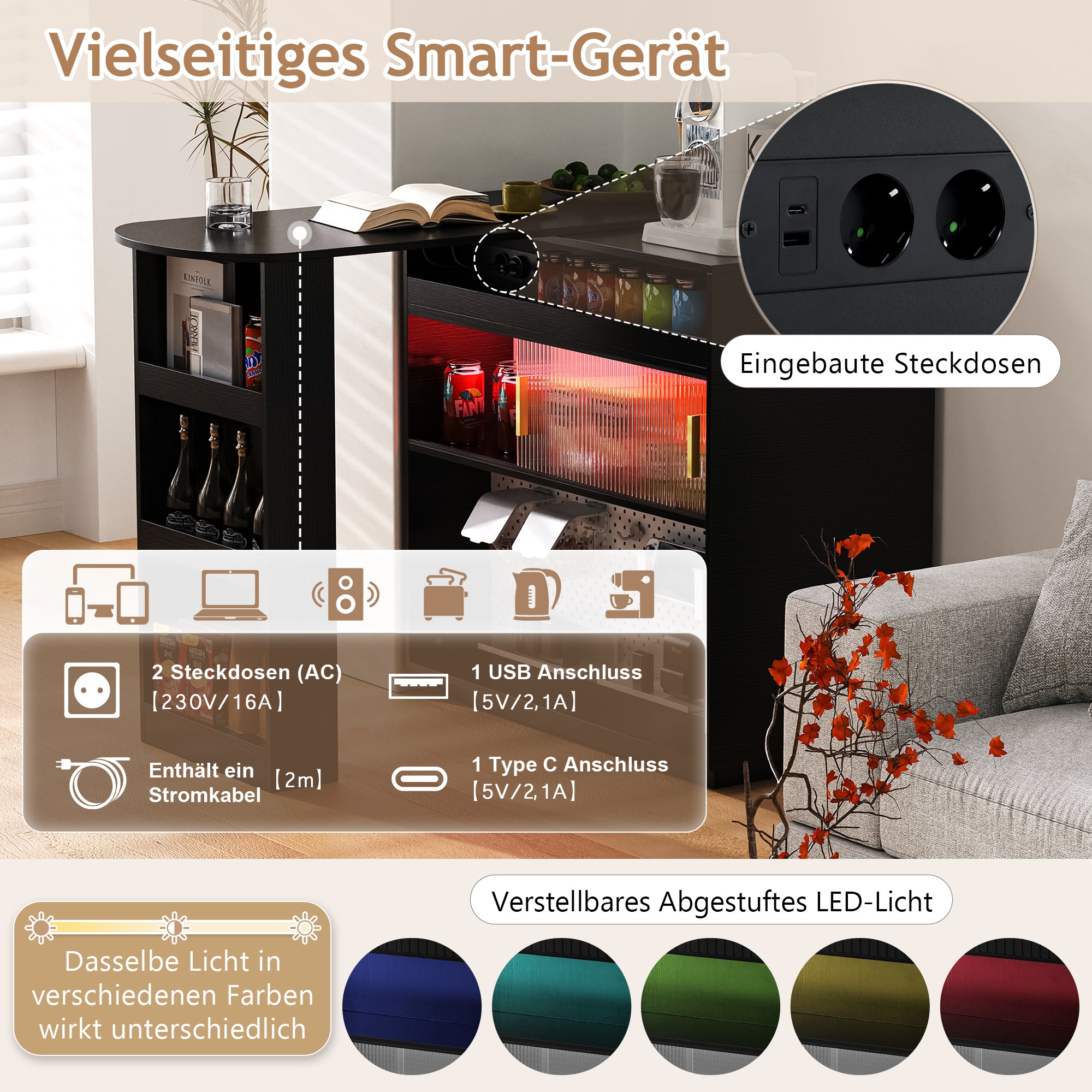 Bar Table Sideboard Extendable 360° Rotating with LED Lighting Sockets Black