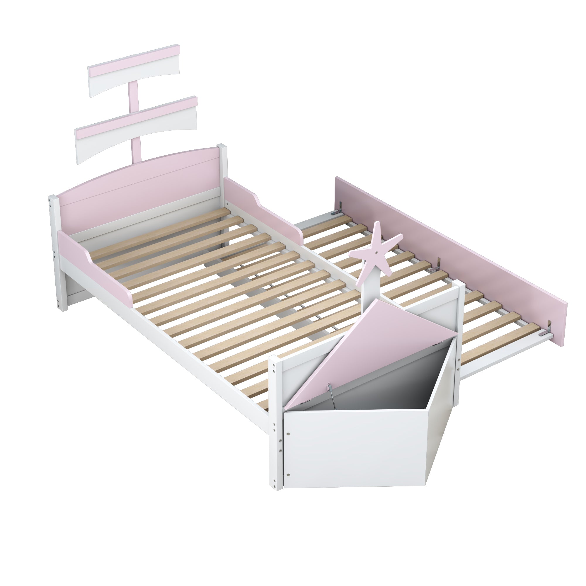 Children's Bed 90*200, Sailboat Shape with Pull-Out Bed & Storage, Pink Wood