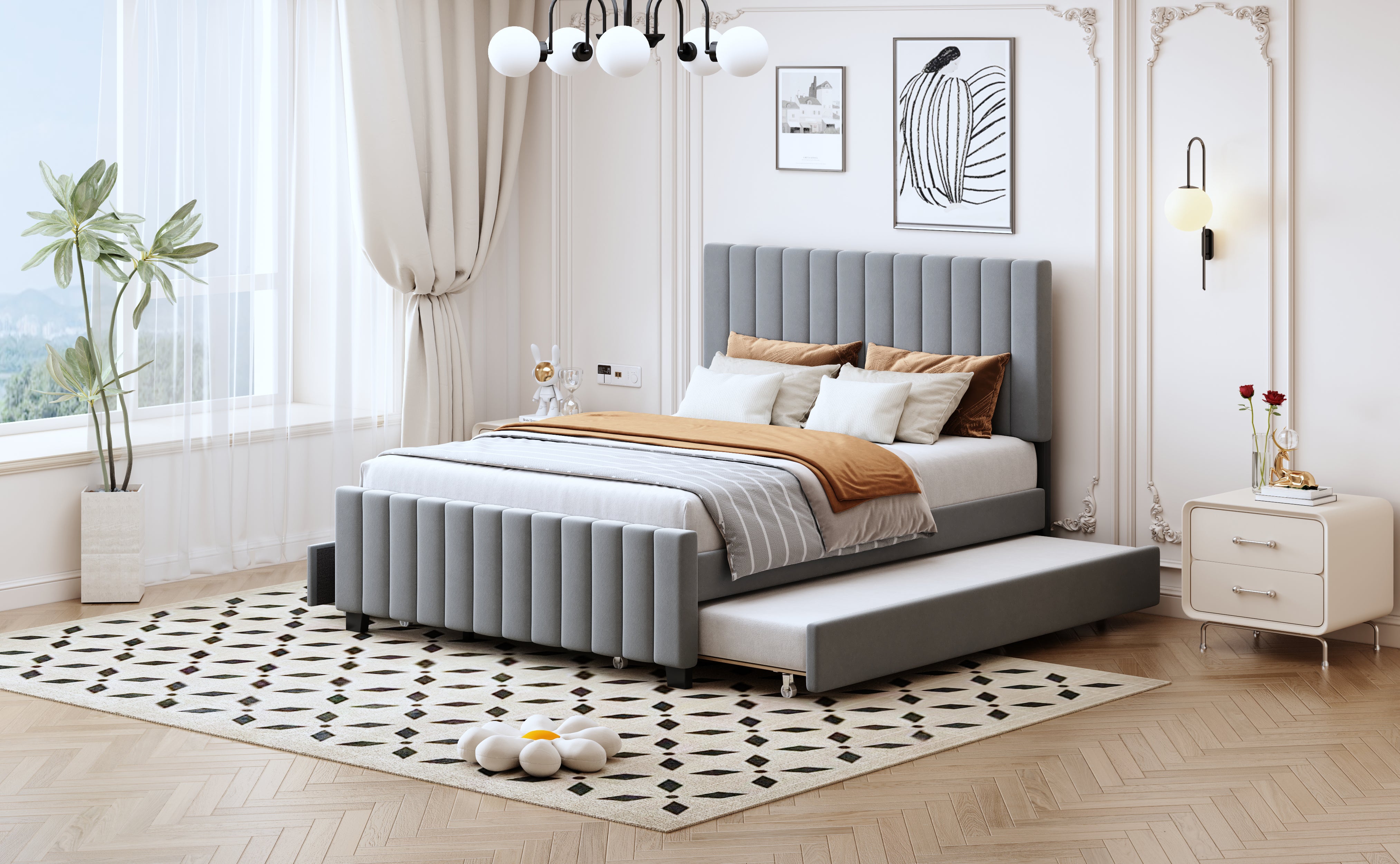 Upholstered Bed 140x190cm, Pull-Out & 2 Drawers, Velvet, Gray