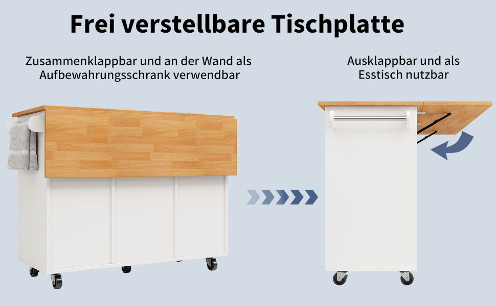 Extendable Kitchen Island Trolley 8 Drawers Worktop Wheels - White