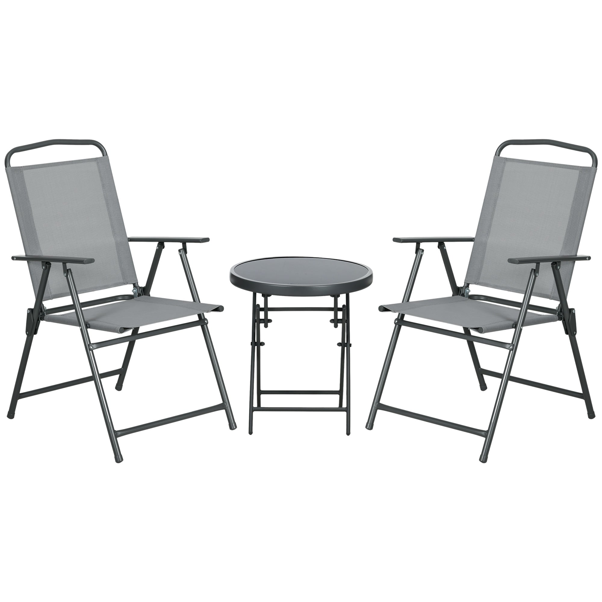 Folding Bistro Set, 3-Piece Table & 2 Chairs, Durable Steel & Mesh, Light Grey