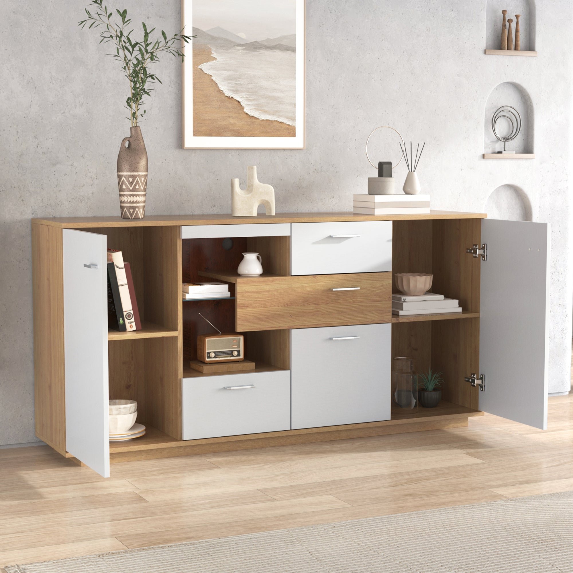 Sideboard Cabinet, 160x40x77cm, LED Lighting, 2 Doors, 4 Drawers, Glass Shelf, White Wood Look