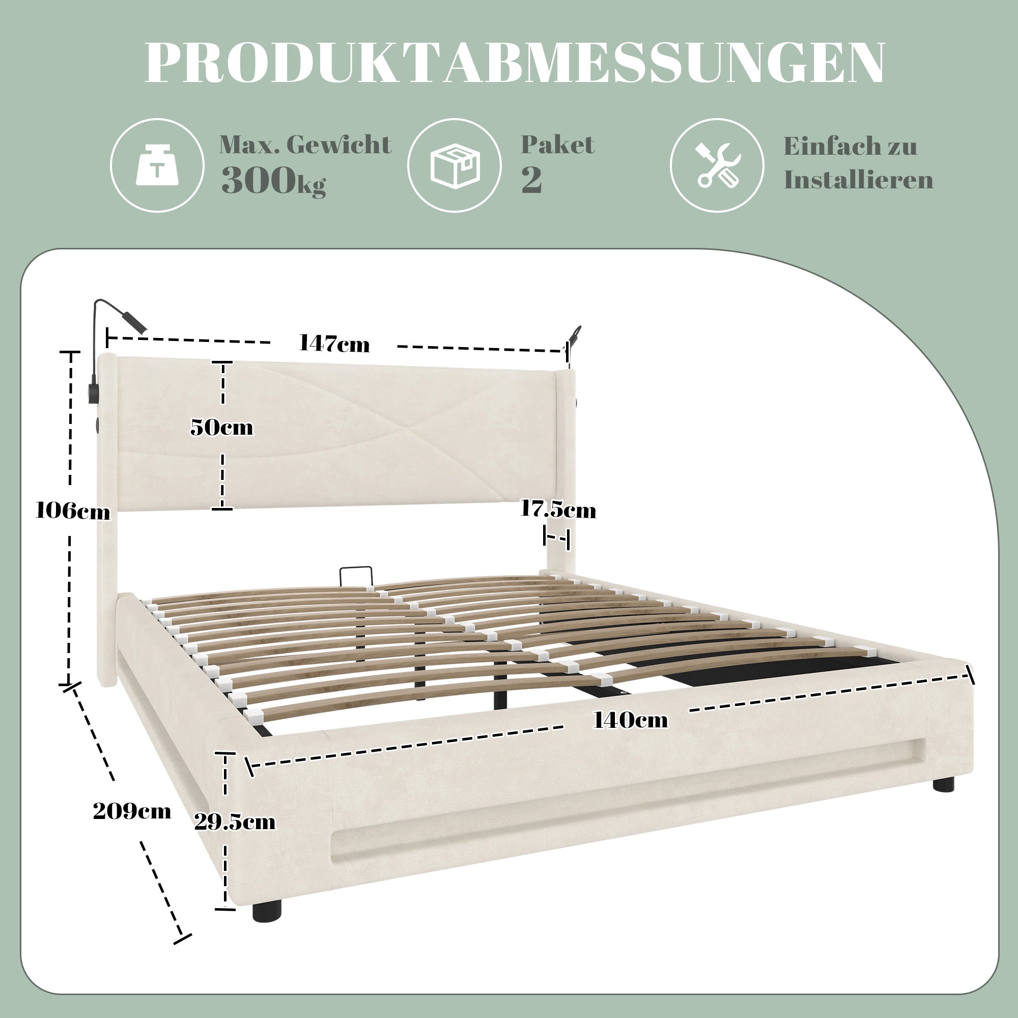 Bed Frame, Modern with Reading Lights, LED, Hydraulic Storage, USB Ports, 140x200cm
