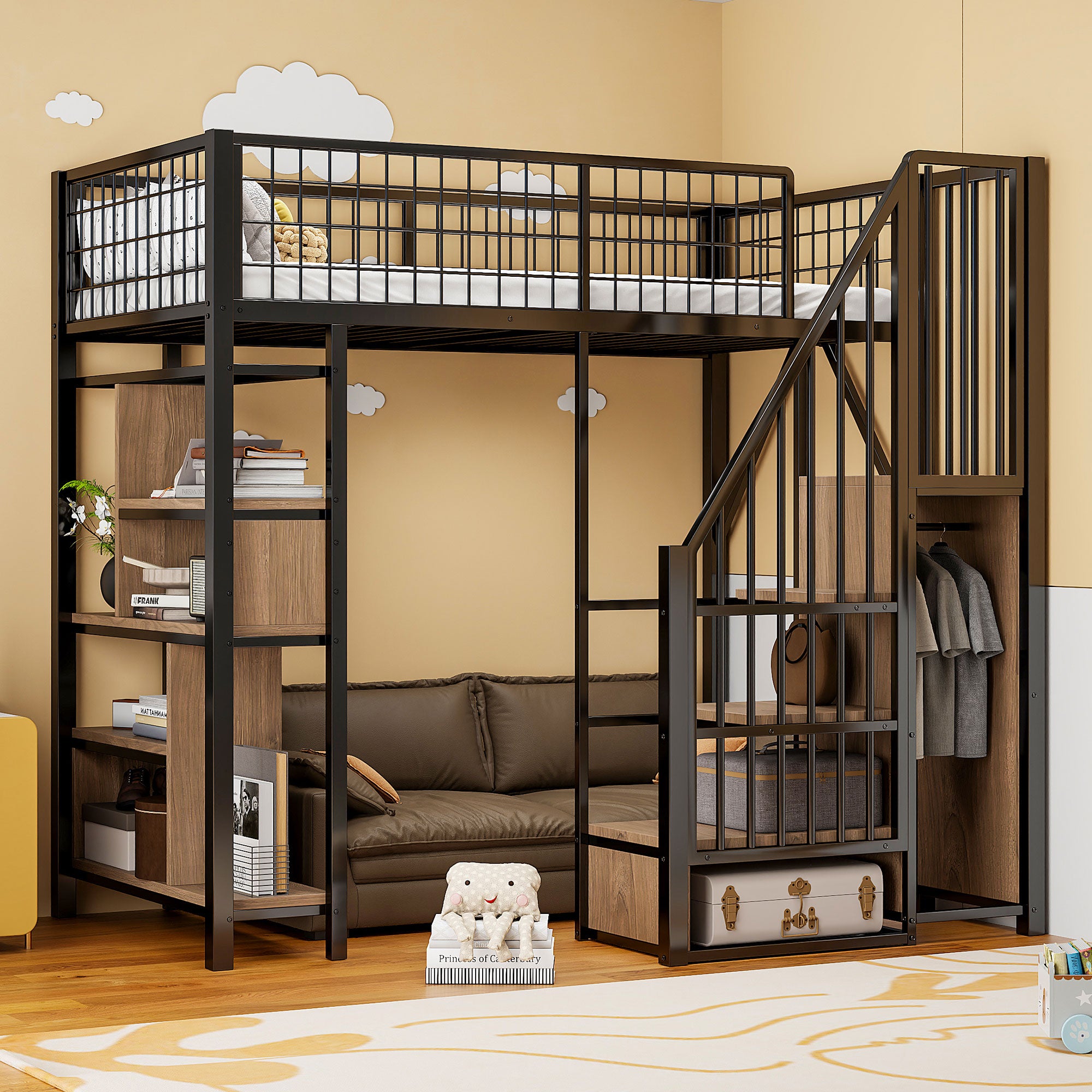 Loft Bed, 90 x 200 cm, Storage, Shelves & Stairs, Metal Black