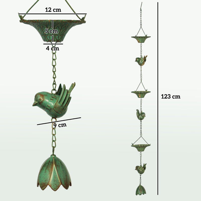 Rain Chains, Set of 3 with Hanger Bird Bell, Metal Green