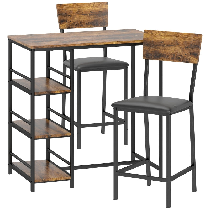 Three-Piece Compact Bar Table Set with Shelves and Upholstered Stools, Brown/Black