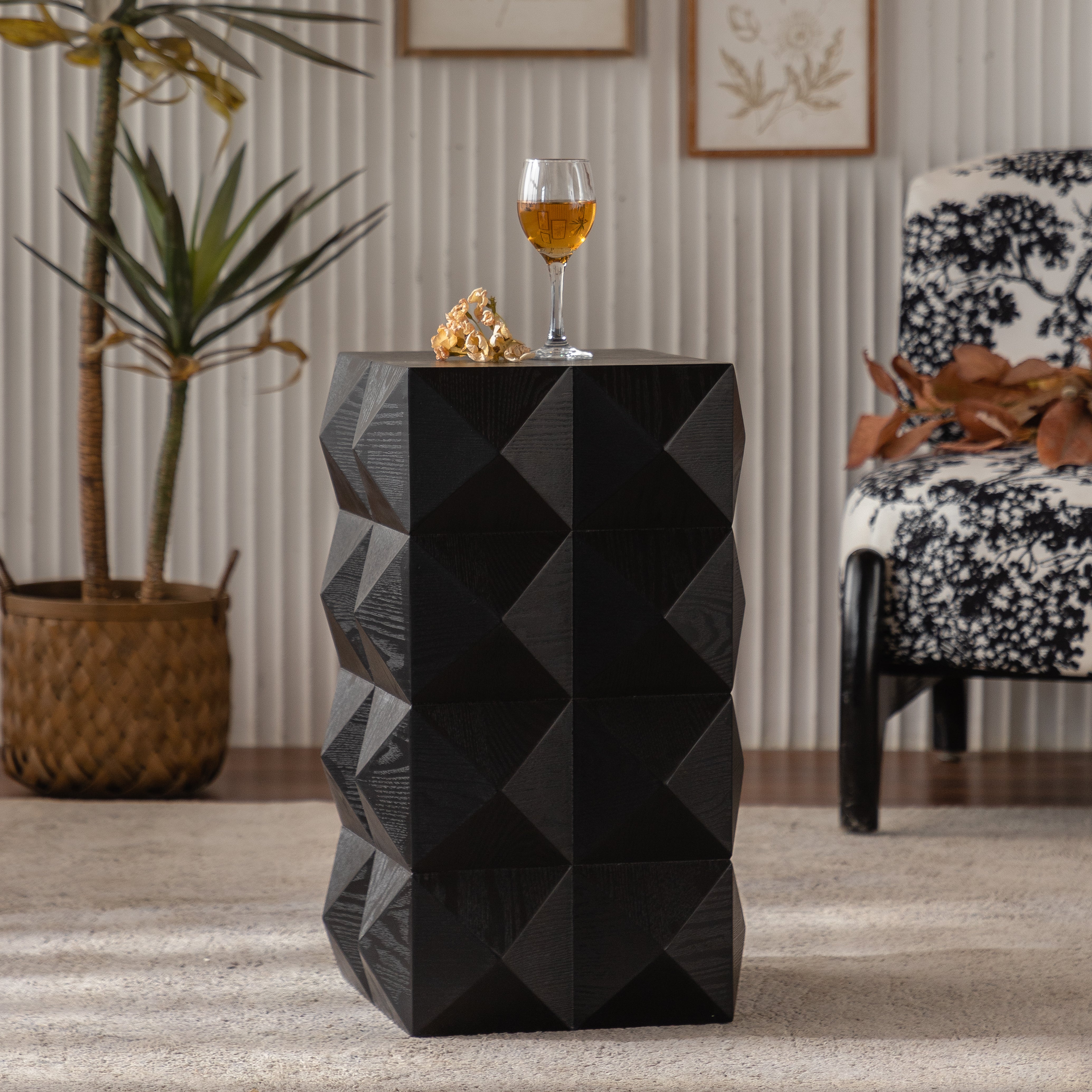 Retro Side Table - 60CM Height, Embossed Pattern, Wooden, Black