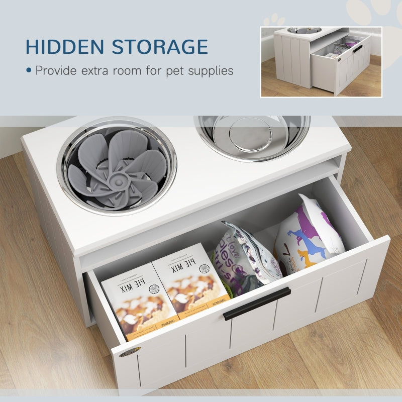 Raised Dog Bowl with Slow Feeder, Two Stainless Steel Bowls, Drawer, White