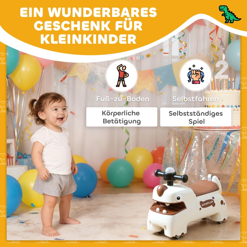 Dinosaur Push Car with Steering Wheel, Lights and Sounds, Cream White and Brown