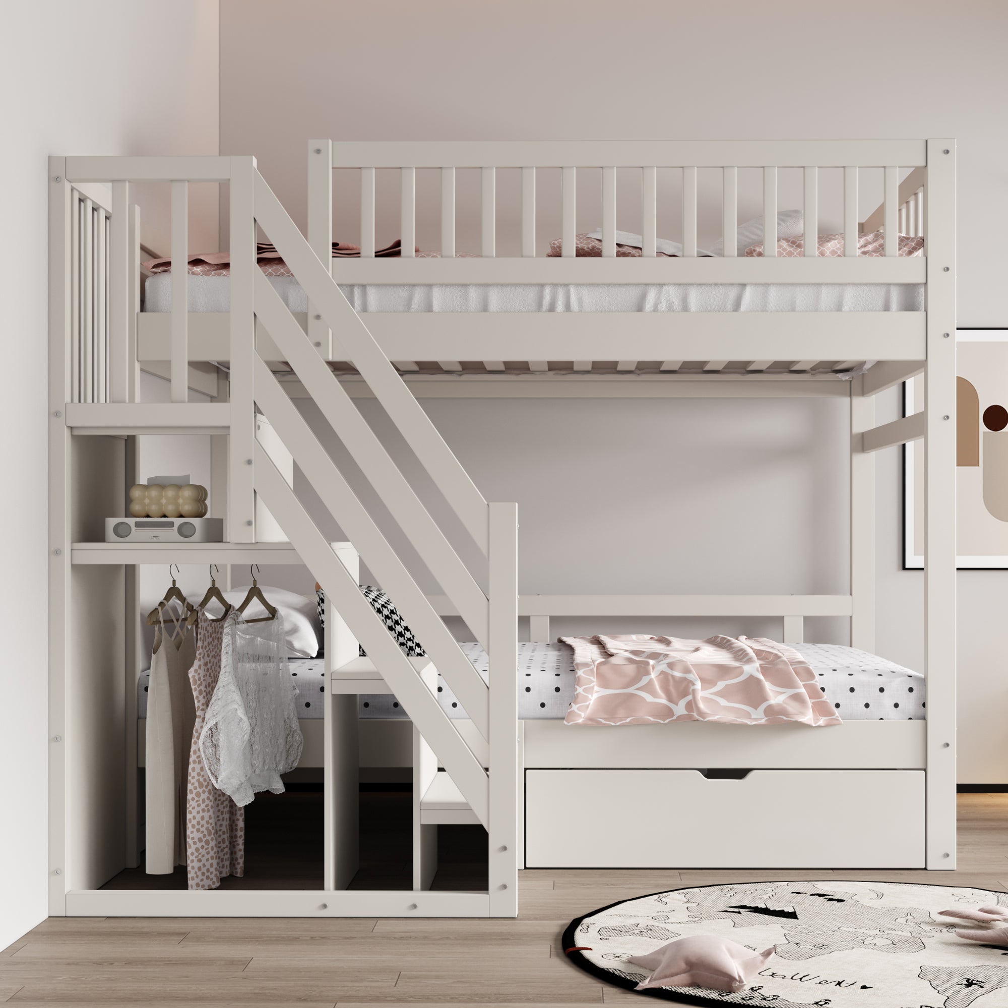Bunk Bed, 90x200 cm, High Safety Rail, Storage Ladder & Drawers, Solid Wood, White