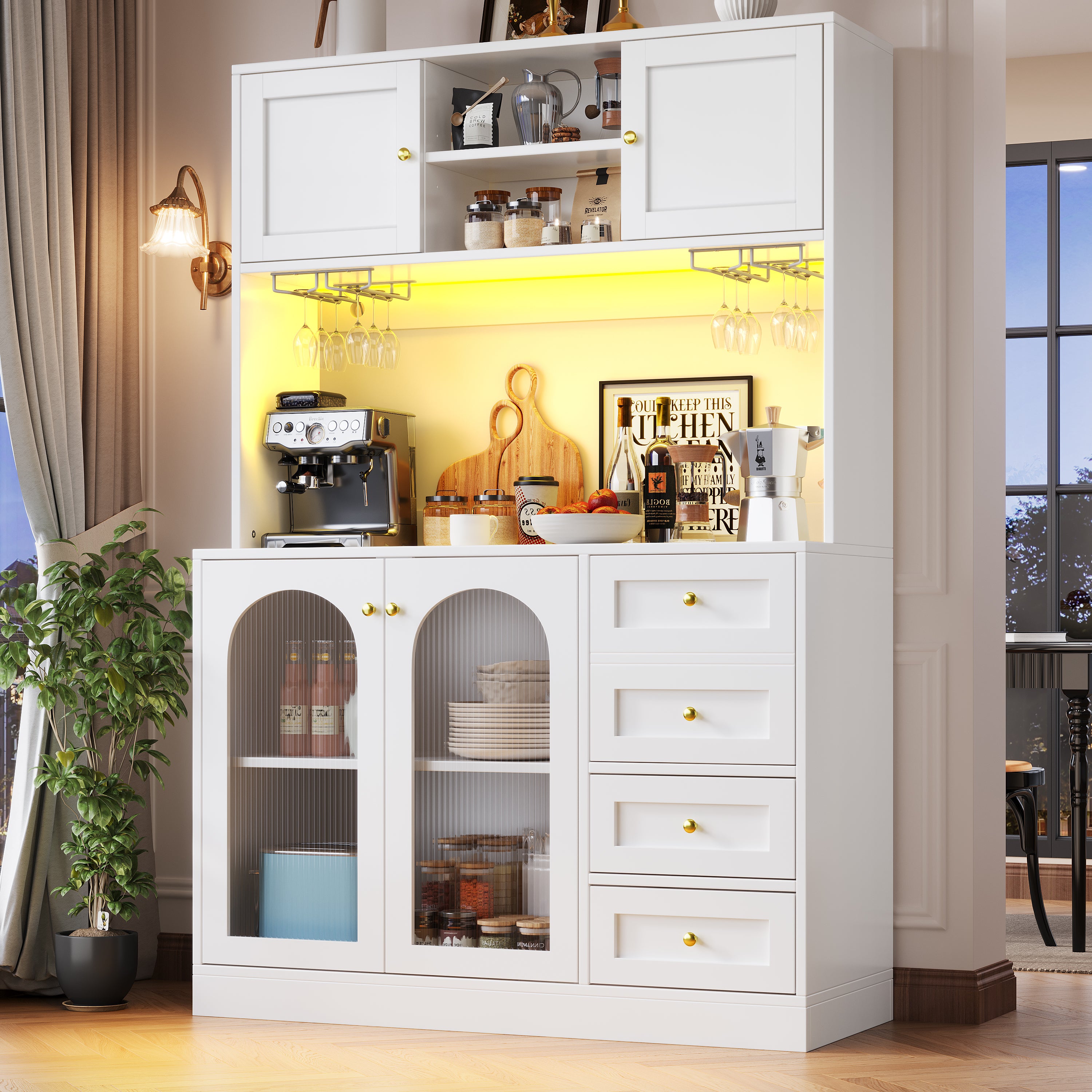 Sideboard Buffet Cabinet with LED Lighting and Fluted Glass Doors, Black and White