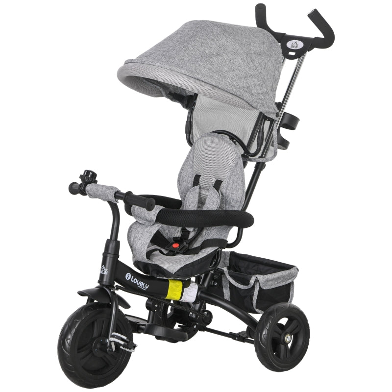 6-in-1 Children's Tricycle with Push Bar, Canopy and Storage Basket, Grey