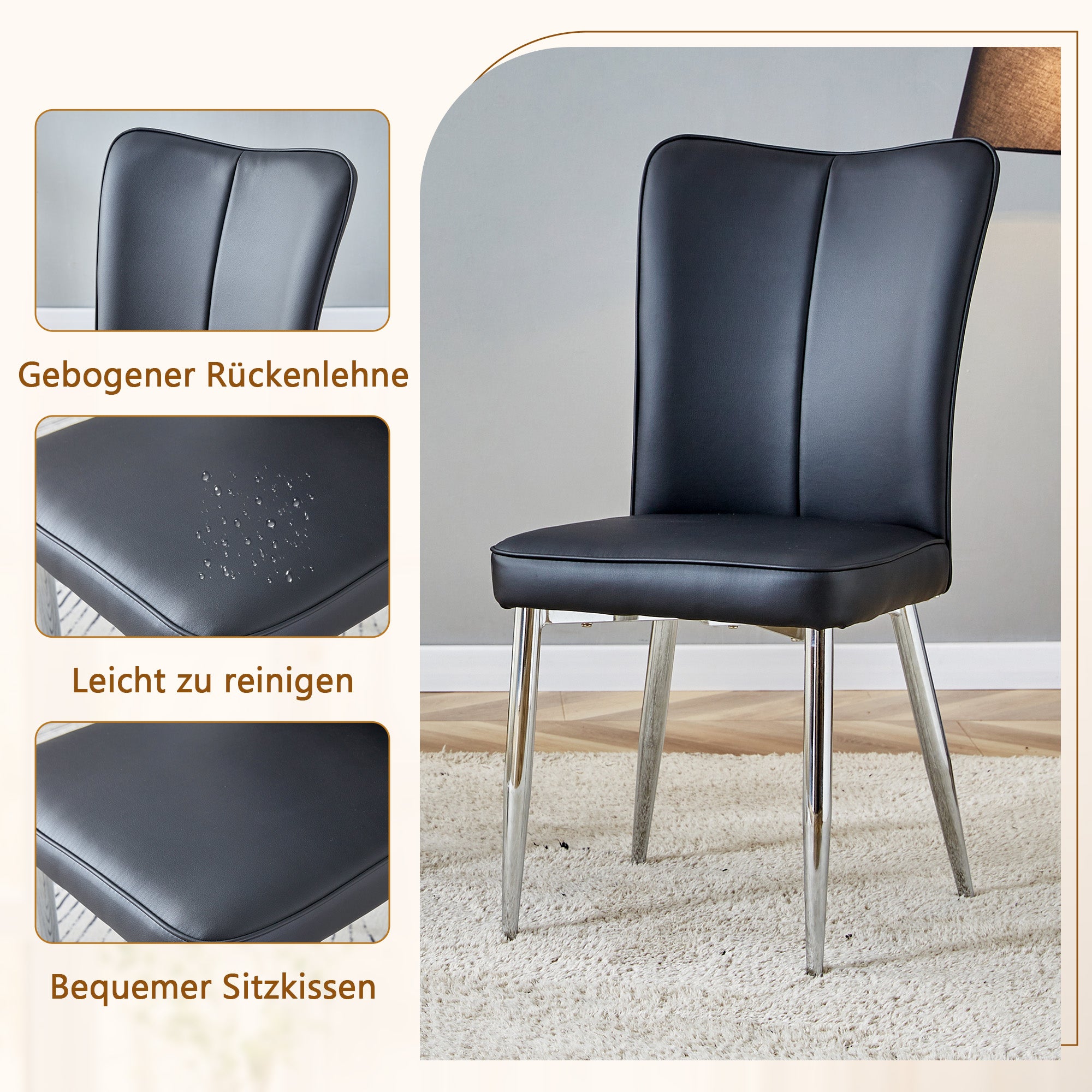 Dining Table Set, 85 cm Tempered Glass Table with 2 Chairs, Black PU