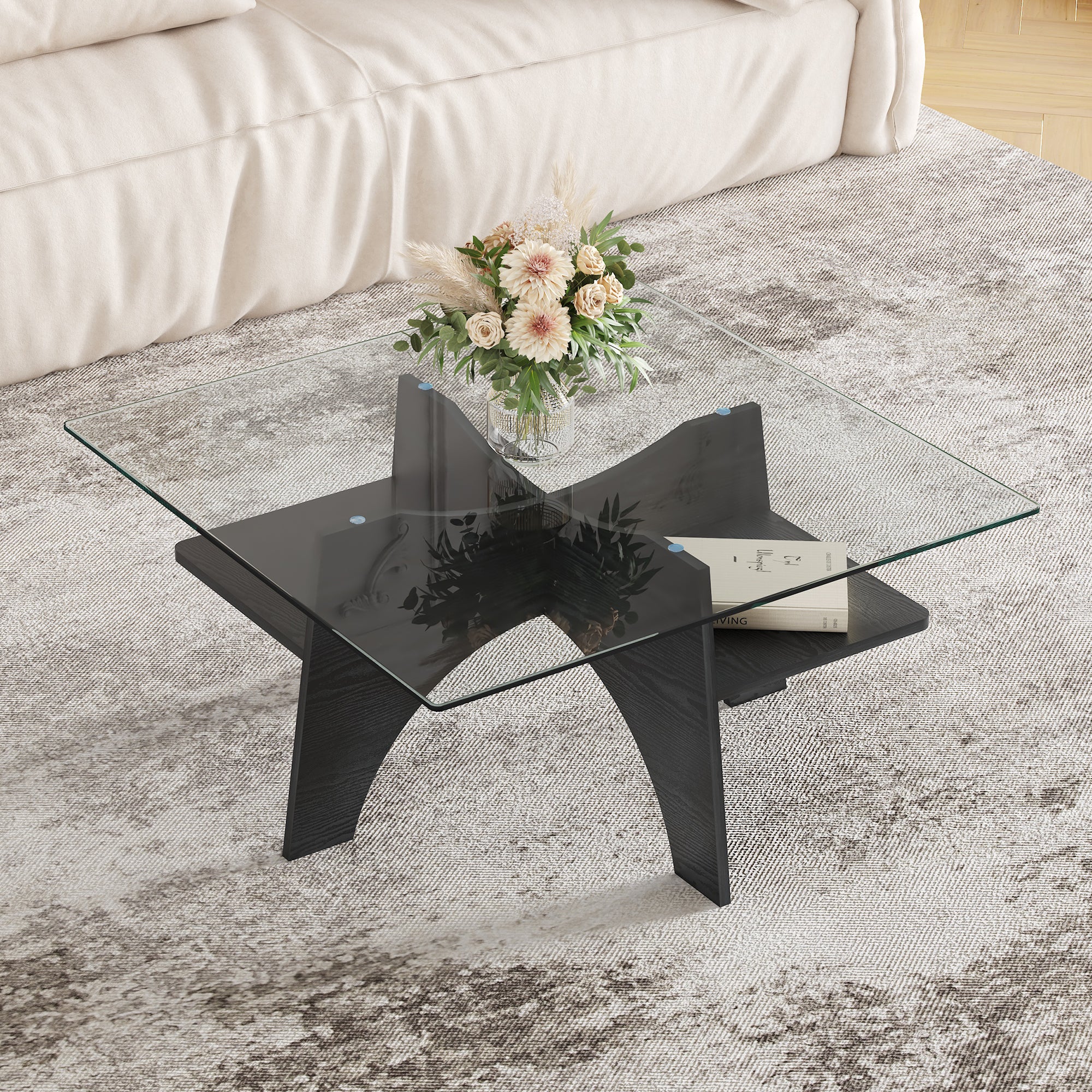 Side Table/Coffee Table Square 80cm Tempered Glass Black Wood Look