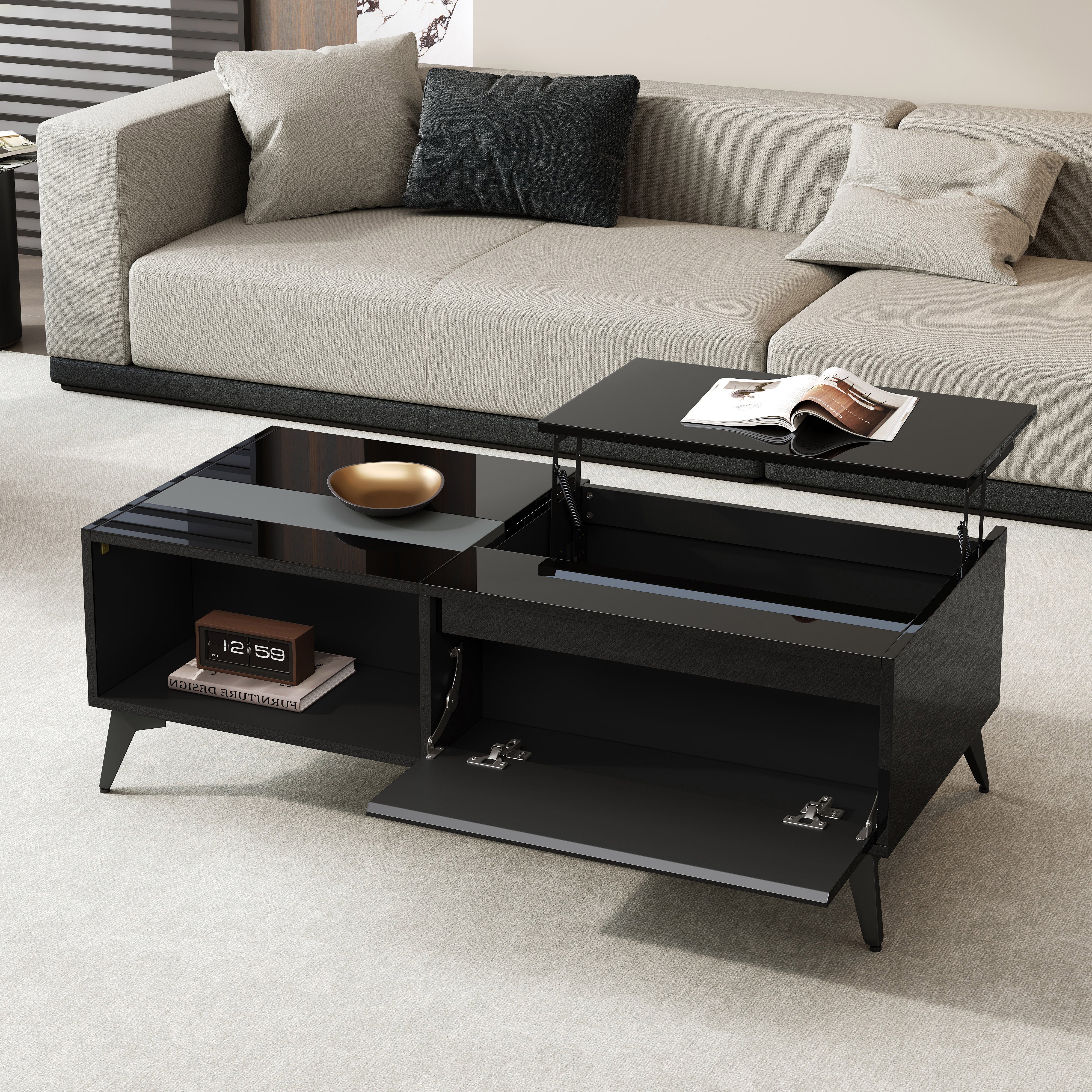 High-Gloss Coffee Table Height-Adjustable Folding Dining Table - Black