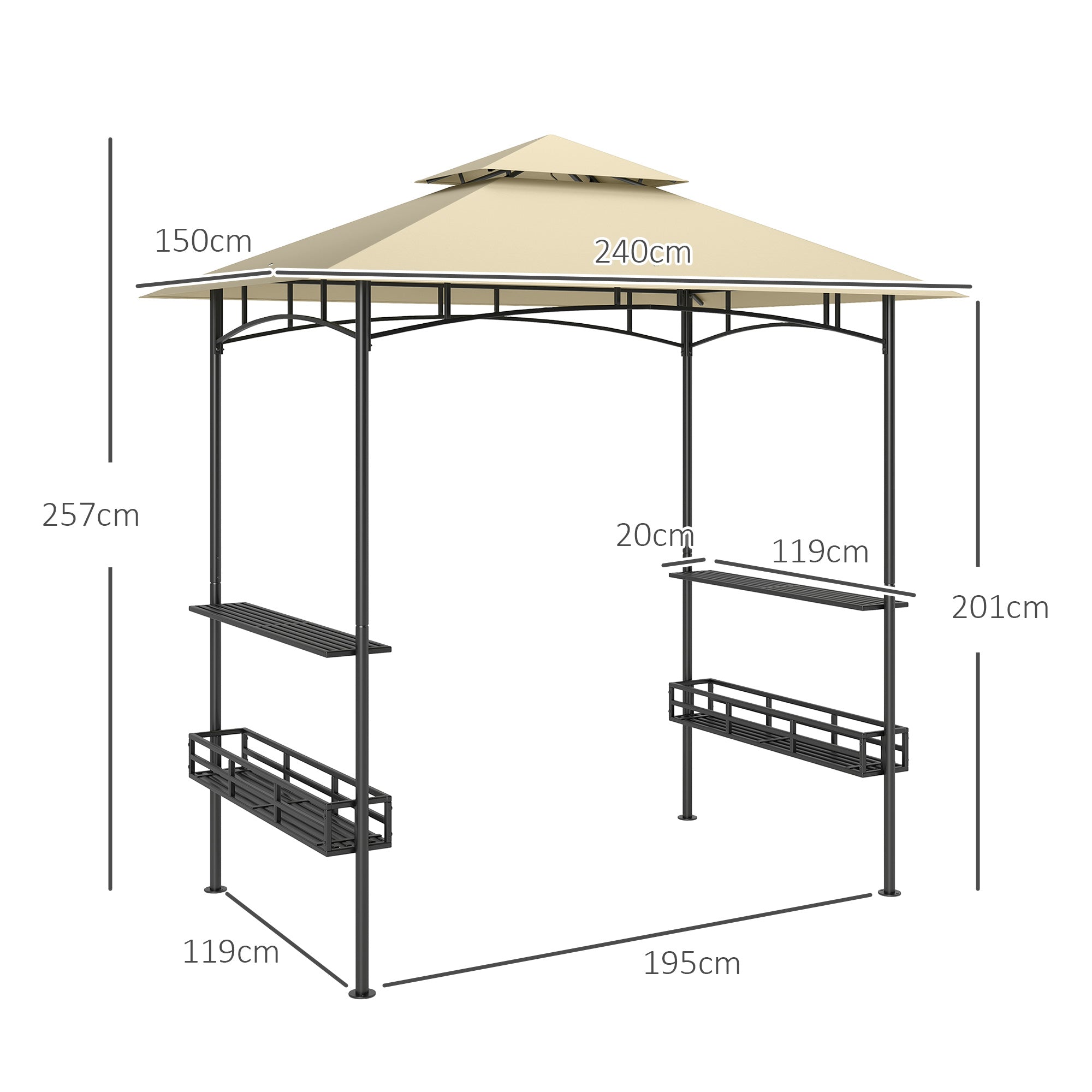 BBQ Pavilion, Double Roof, Side Shelves, Steel, Beige