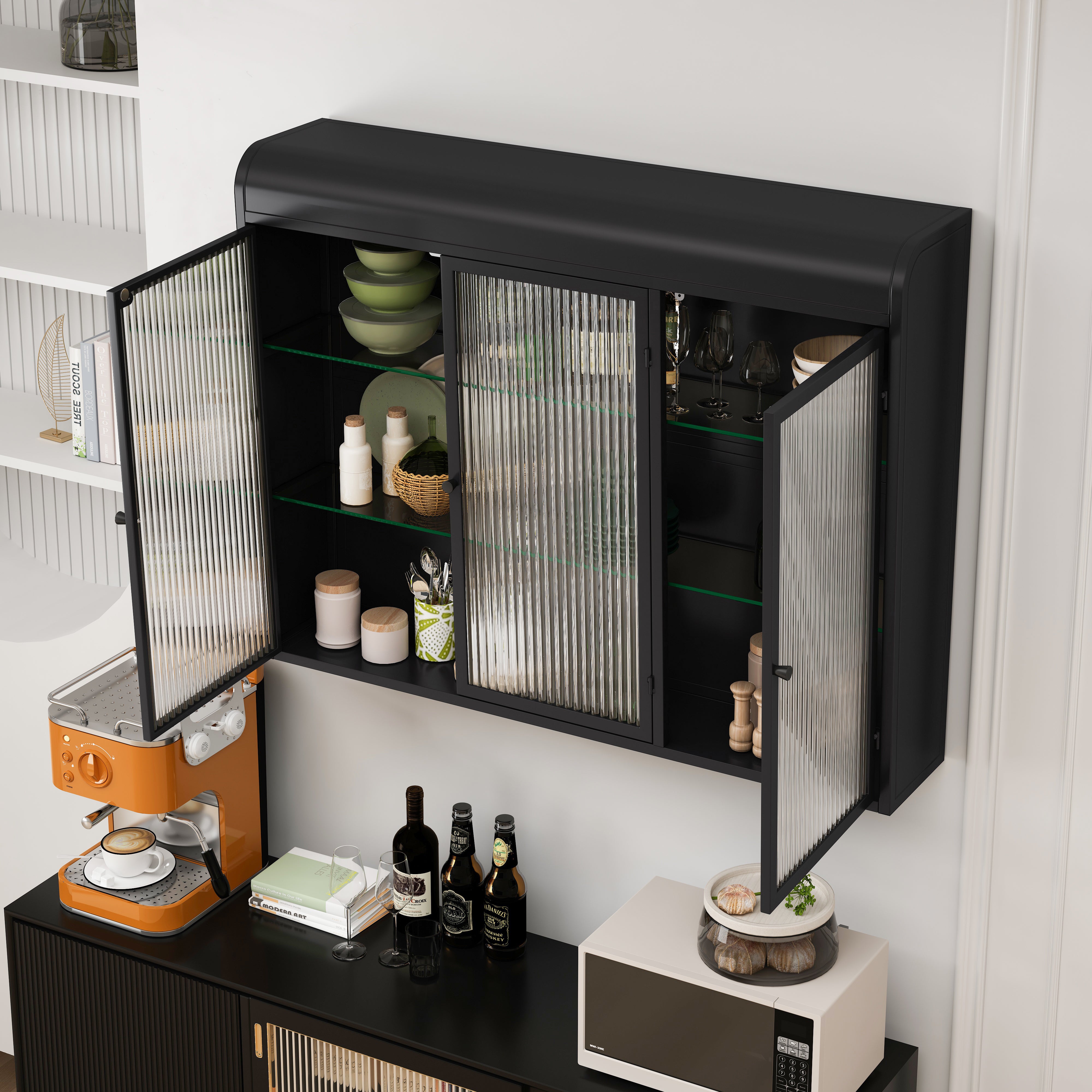 3 Door Arched Wall Mounted Glass Cabinets, Black