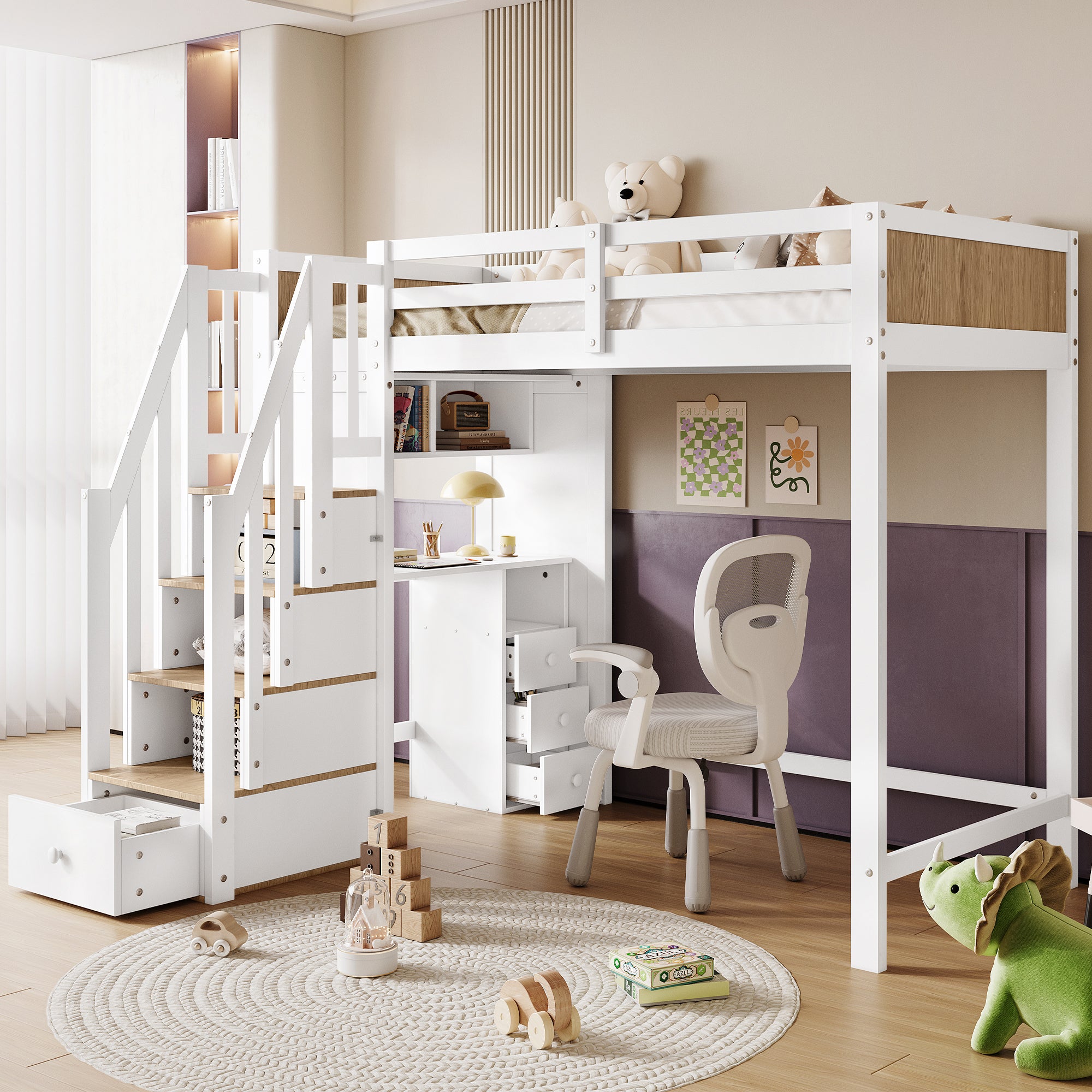 Bunk Bed with Safety Gate, Desk & Storage, Pine+MDF White+Natural
