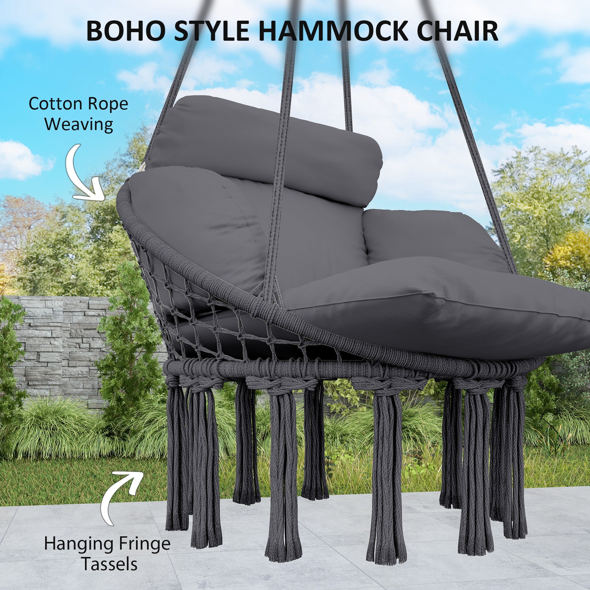 Hanging Chair Outdoor Hammock Swing Seat Soft Cushion Cotton Rope Dark Grey