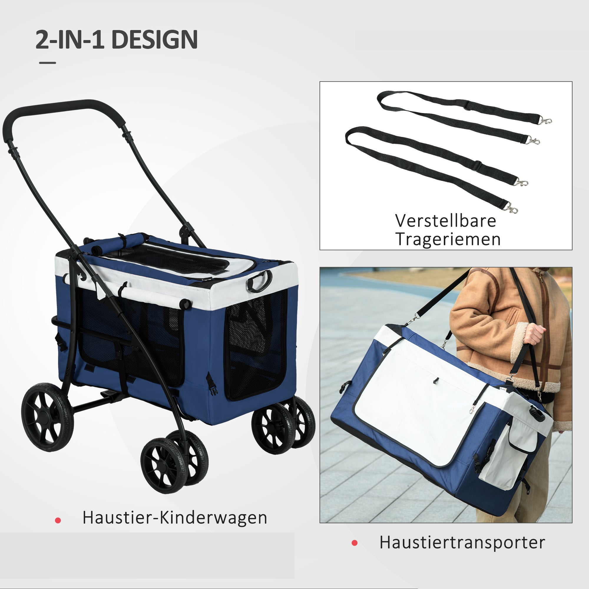 2-in-1 Dog Stroller, Foldable with Removable Basket, Blue