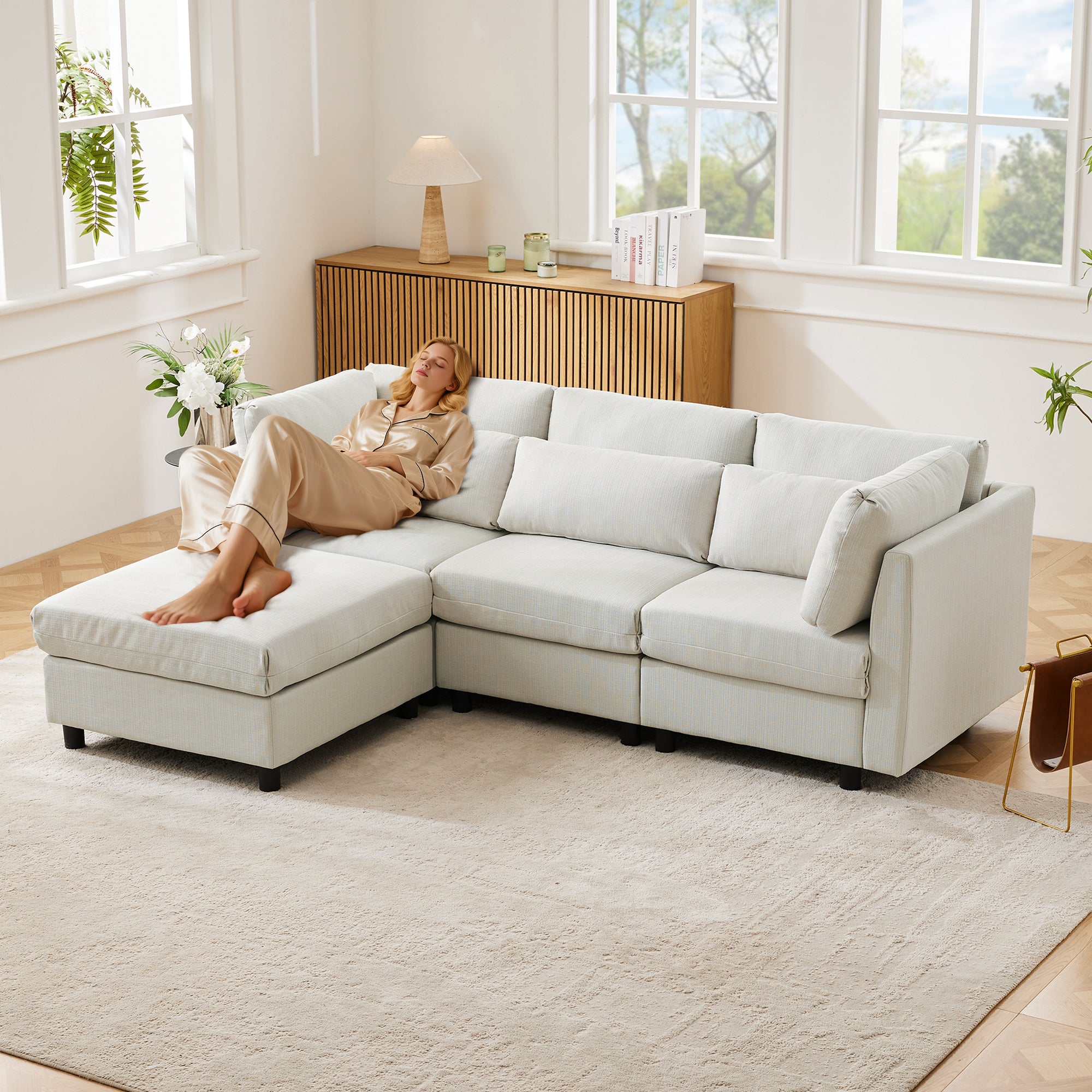 Sofa, L-Shaped Corner with Footstool, 3-Seater, Upholstered