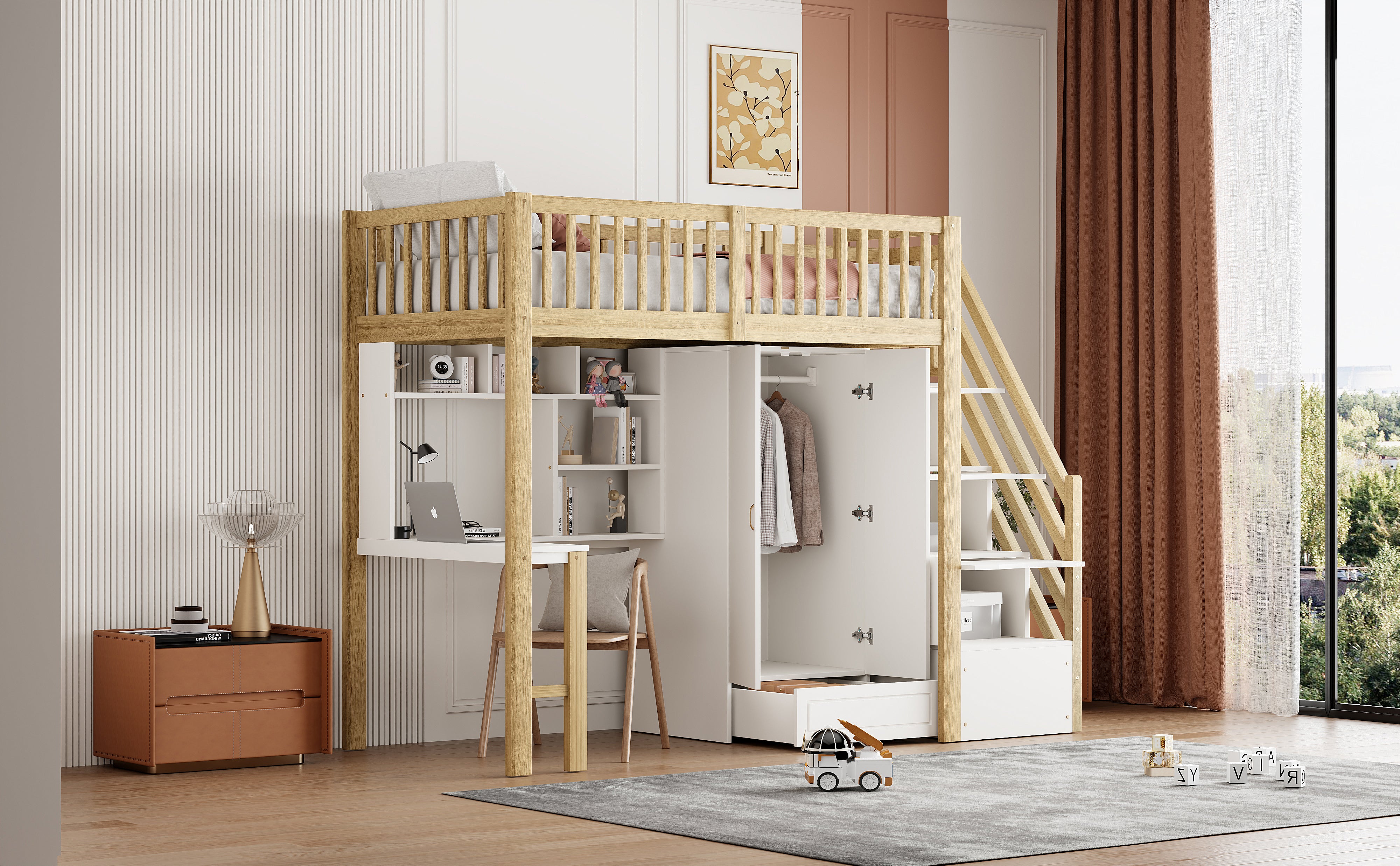 Loft Bed, 90x200 Wardrobe, Shelf, Table, Storage Stairs, Wooden