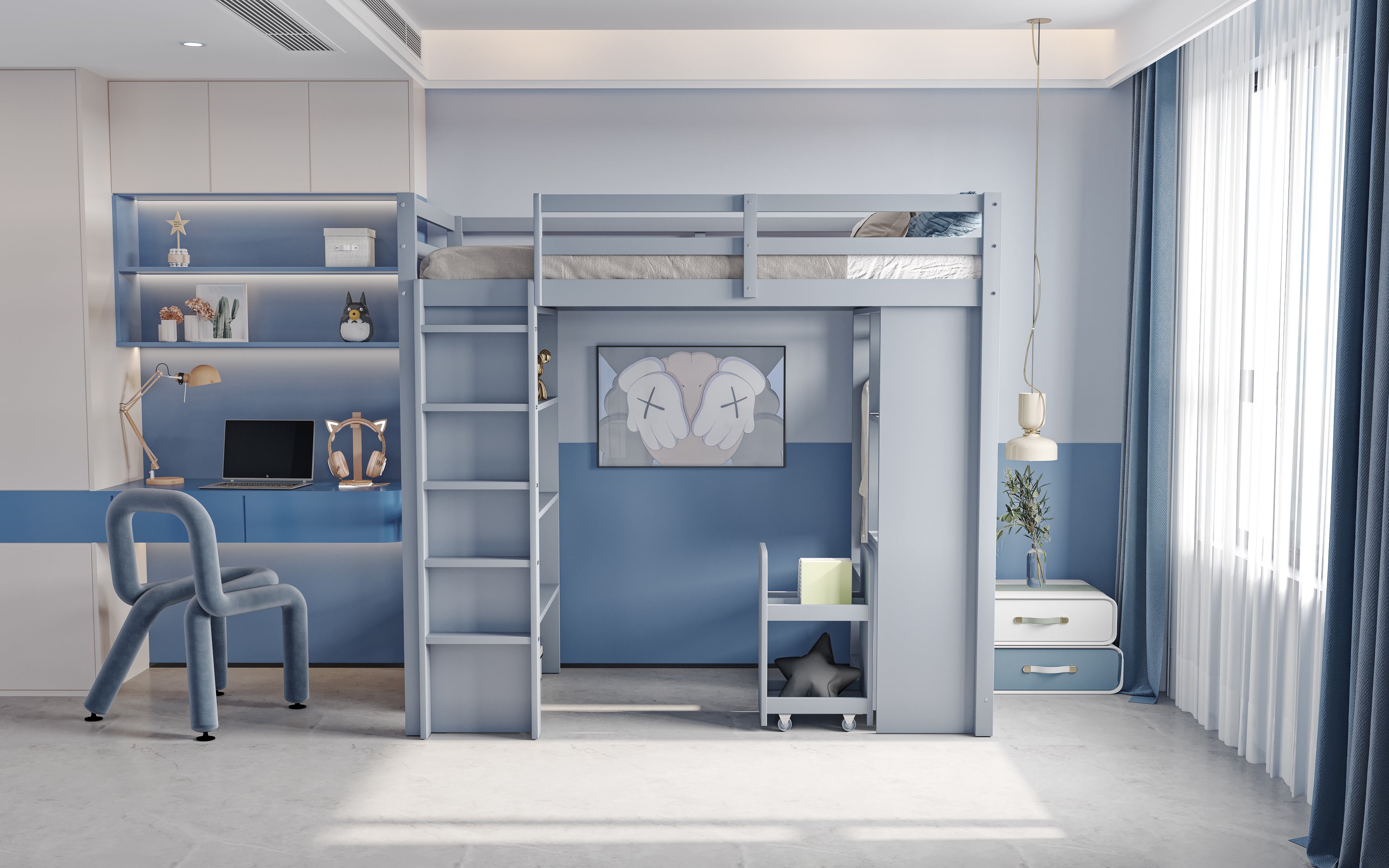 Children's Loft Bed with Shelves, Organizer, Storage, Grey